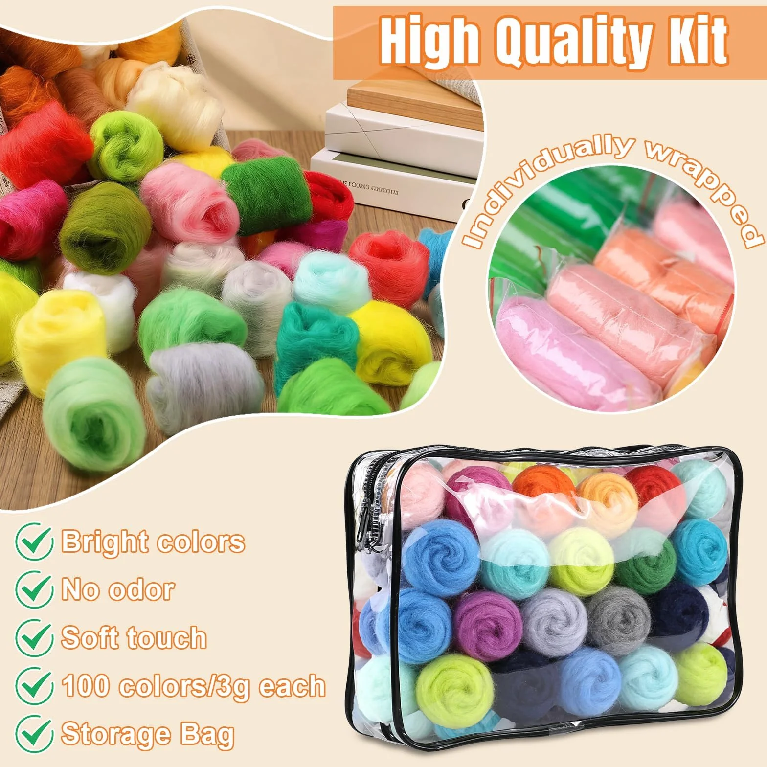 Kit de Lana para Fieltro 100 Colores, 300g Lana de Cuento para Fieltrado en Seco y Húmedo, Agujas de Fieltro, Herramientas y Tiras de Lana, Ideal para Manualidades DIY de Animales y Kits de Fieltro