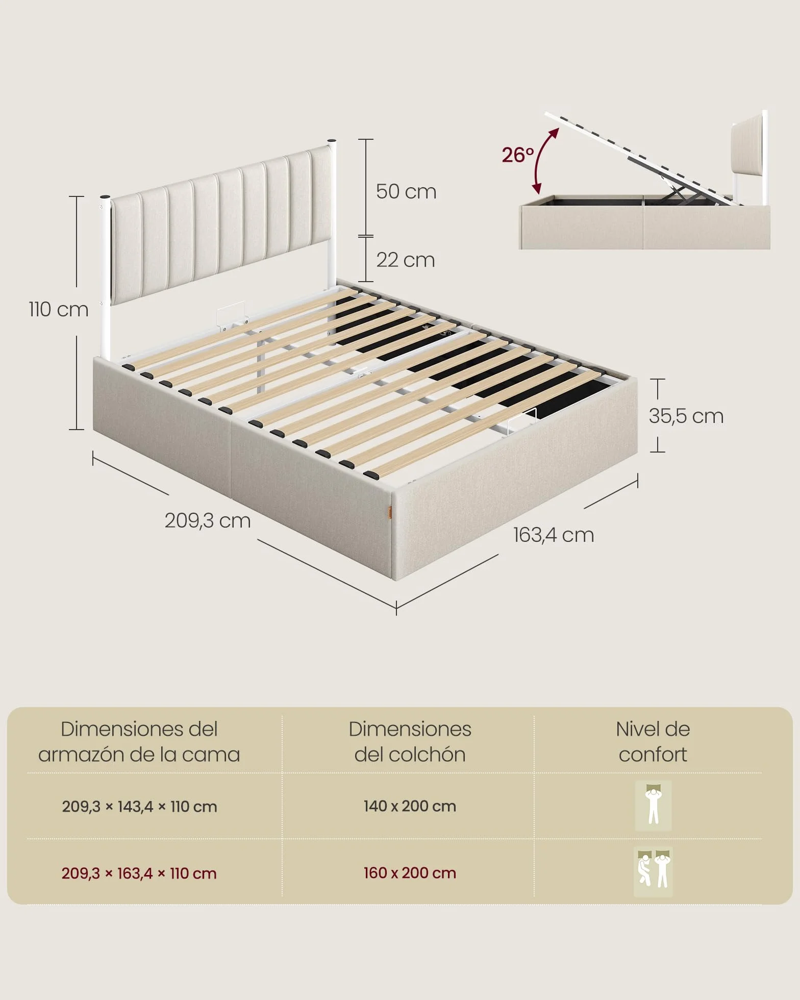 VASAGLE Estructura de Cama, 160 x 200 cm, Cama Elevable, 2 Personas, con Almacenaje, Cabecero, Sistema Hidráulico, Moderno y Minimalista, Fácil Montaje, Beige Capuchino RMB615LH01
