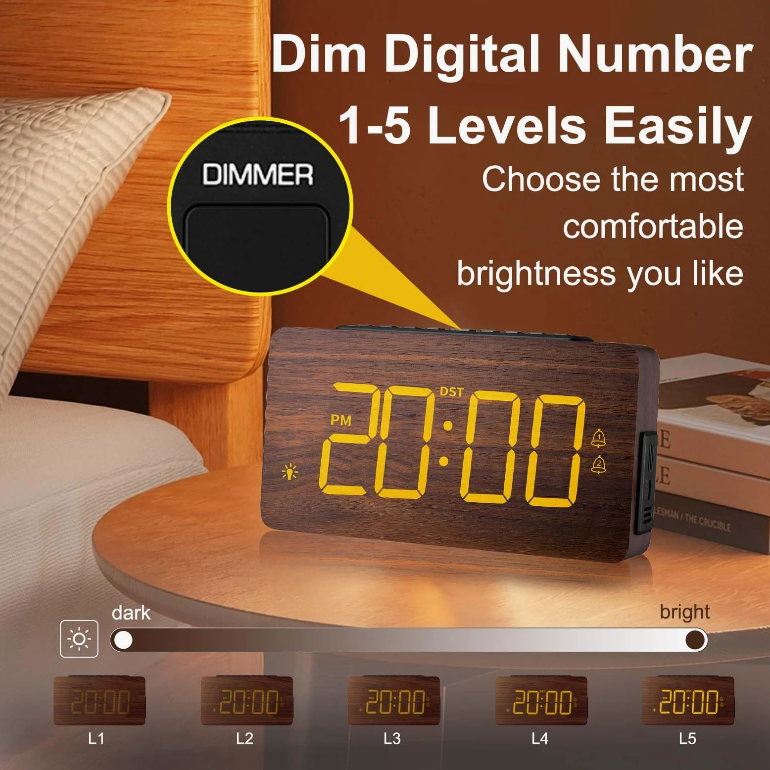 Reloj despertador digital de madera para dormitorios, alarma extra fuerte para personas que duermen mucho, volumen y brillo ajustables, DST, doble uso como reloj de escritorio/pared, elegante