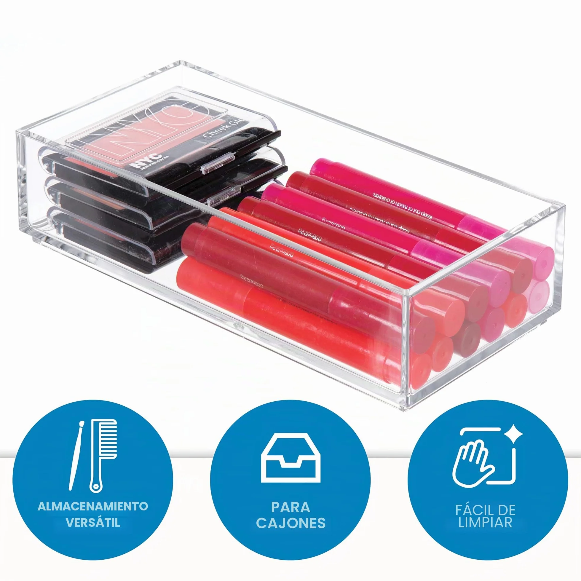iDesign Organizador de maquillaje y cosméticos, organizador de cajones pequeño de plástico libre de BPA, caja apilable para baño, cocina y oficina, transparente