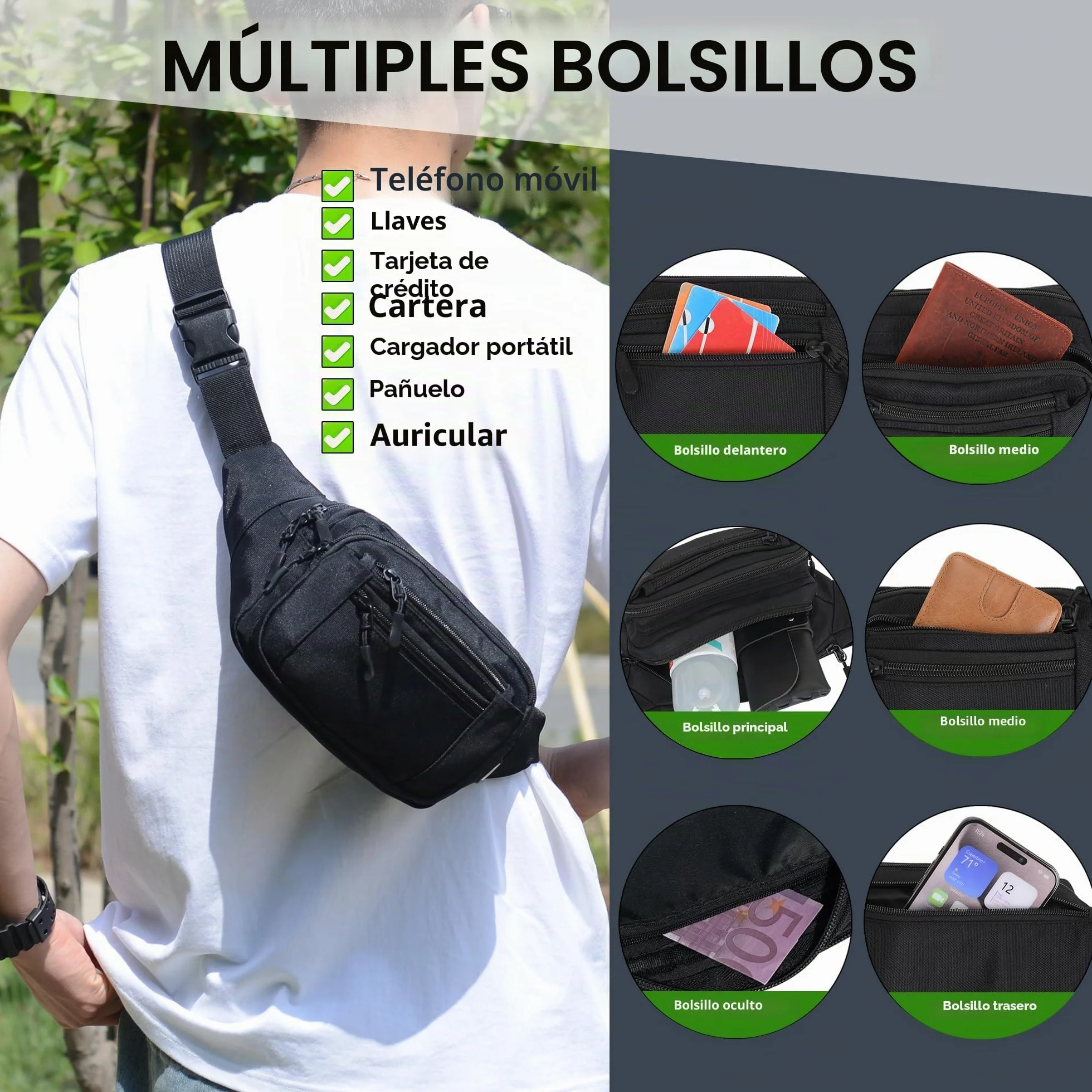 Riñonera Deportiva Unisex con Cinturón Ajustable 30 cm 6 Bolsillos Cremallera Negro