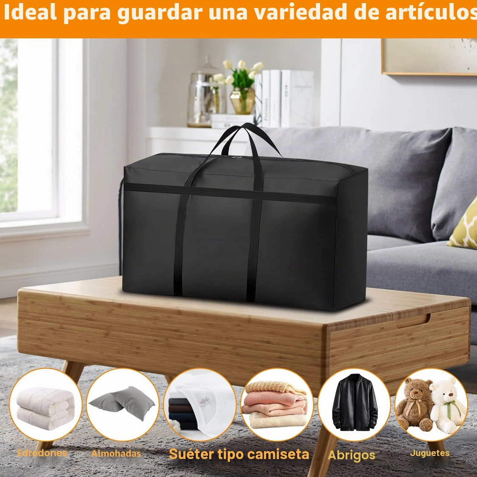 KOMABLEN 6 Piezas 100L Bolsas Almacenaje Ropa, 600D Oxford Impermeable Cajas para Guardar Ropa con Cremallera y Asa, Negro Plegable Bolsas Mudanza Grandes para Edredones, Mantas