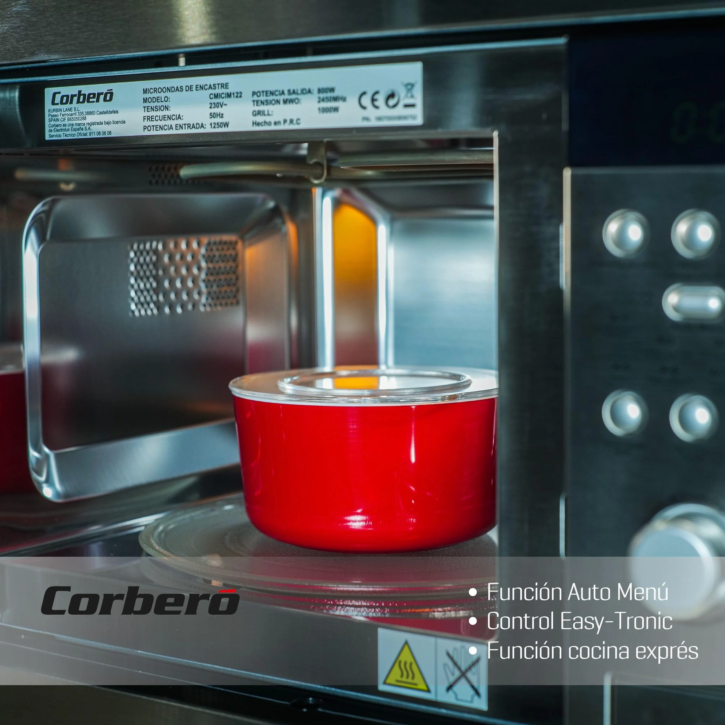 Corberó - Microondas Integrable | CMICIM122 | 20L | 800W | Easy-Tronic | Auto Menú | Descongelar | Grill | Cocina Exprés | 9 Niveles Potencia | Plato Giratorio 245mm | Con Marco | Inox