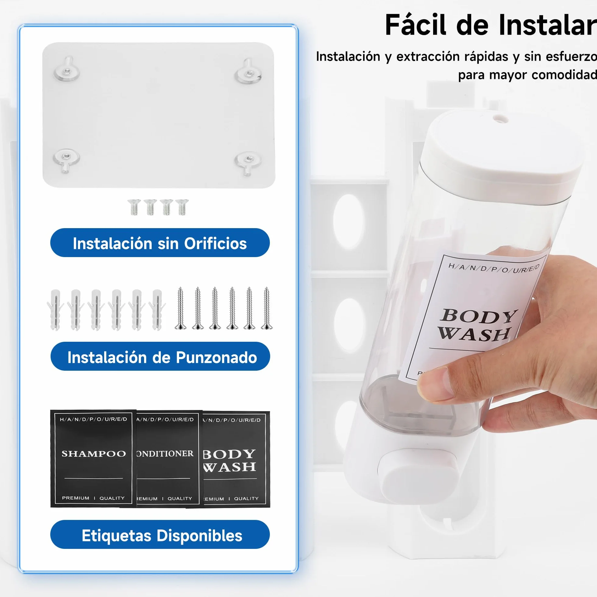 Dispensador de jabón para Montaje en Pared, dispensador de jabón líquido, dispensador de jabón de Mano, Gel de Ducha, detergente para Hotel, hogar (Blanco)