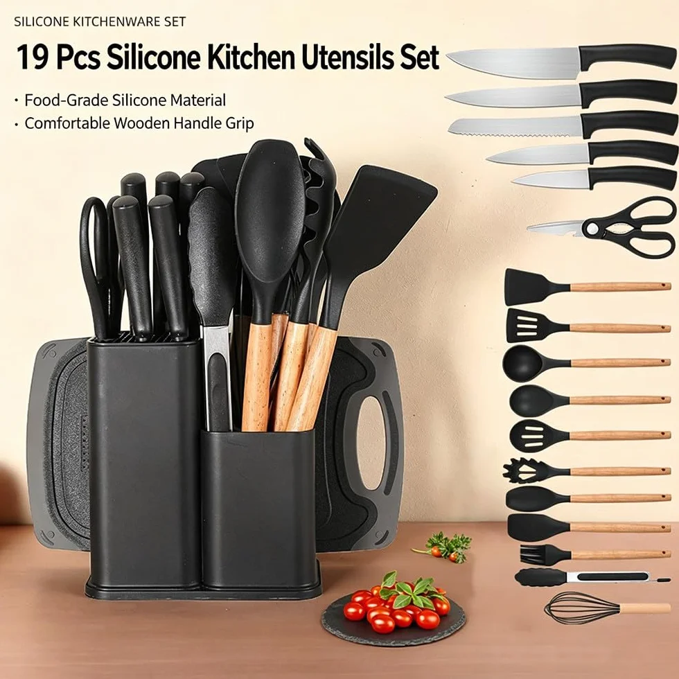 Juego De 19 Utensilios De Cocina De Silicona con Cuchillos De Acero Inoxidable Y Soporte De Almacenamiento; Kit De Herramientas De Cocina Antiadherentes con Mangos De Madera Black