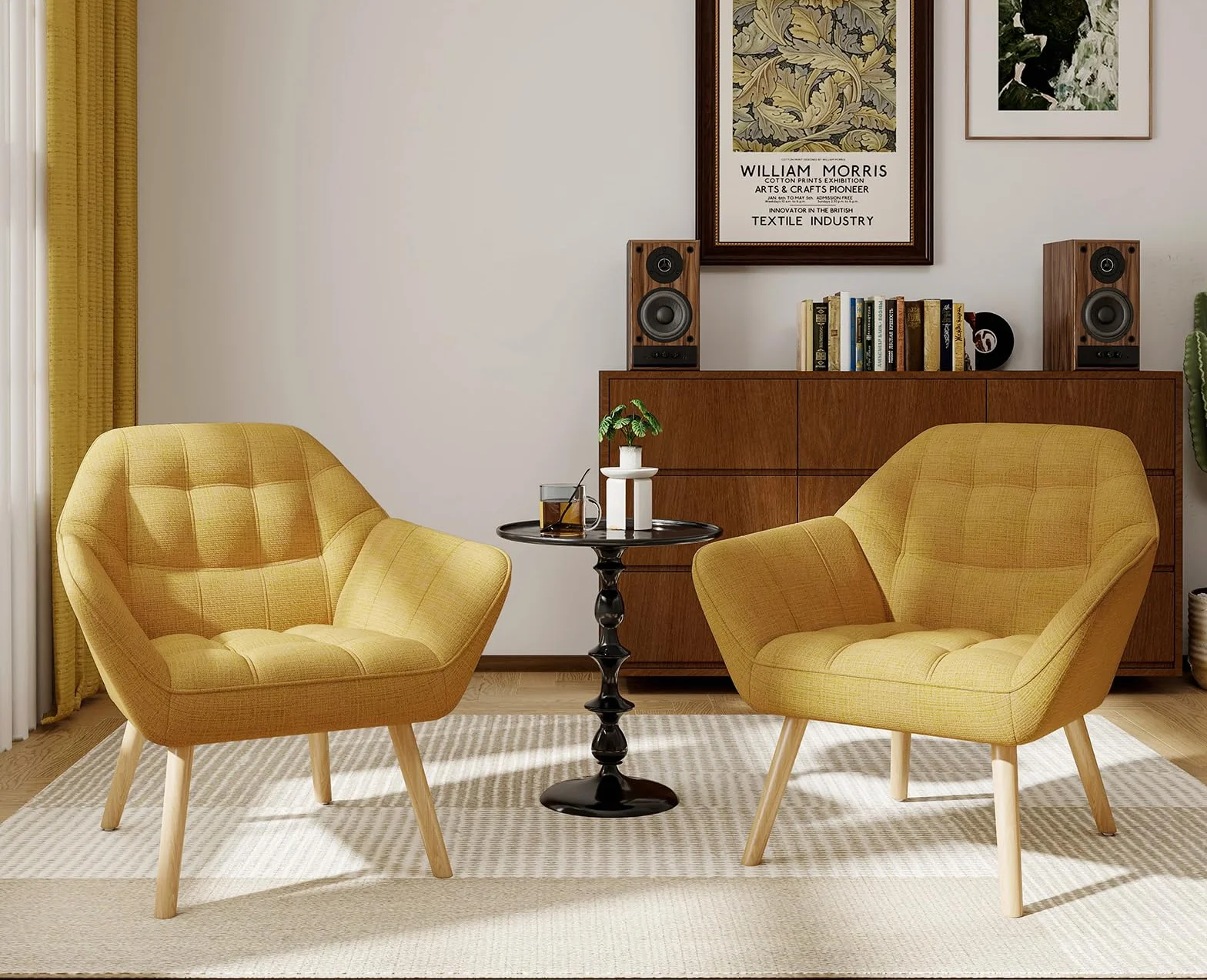 Ya-Home Juego de 2 Butacas Dormitorio de Salon Moderno de Lino con Brazos, Sillones para el Salón Individual con Patas de Madera, Sillón Habitacion para Dormitorio/Salon,Amarillo