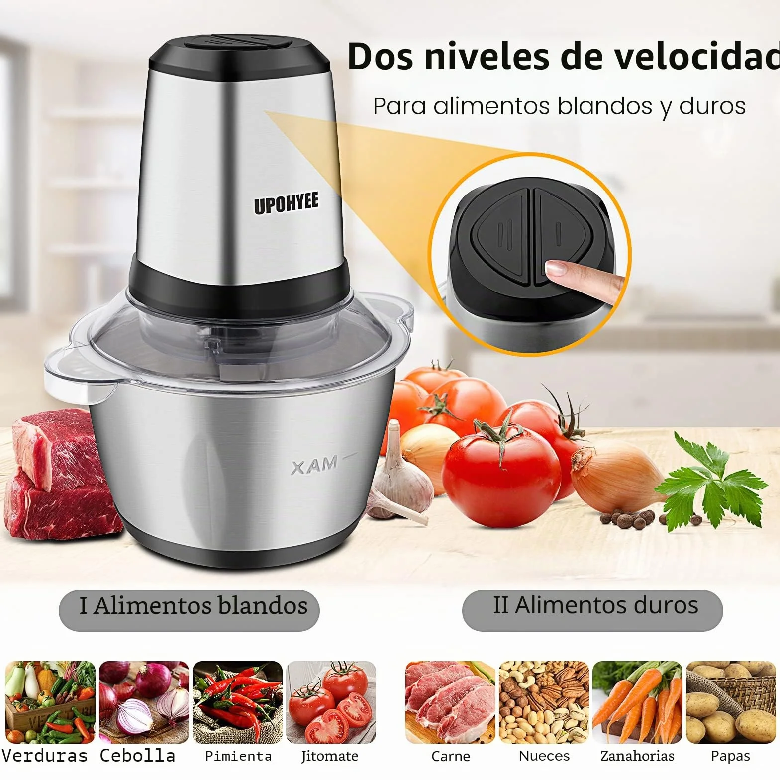 Picadora Eléctrica de Alimentos 600W y Capacidad 2L Trituradora de Alimentos 4 Cuchillas Acero Inoxidable Picadora de Carne 2 Velocidades para Frutas Verduras Carne Especias