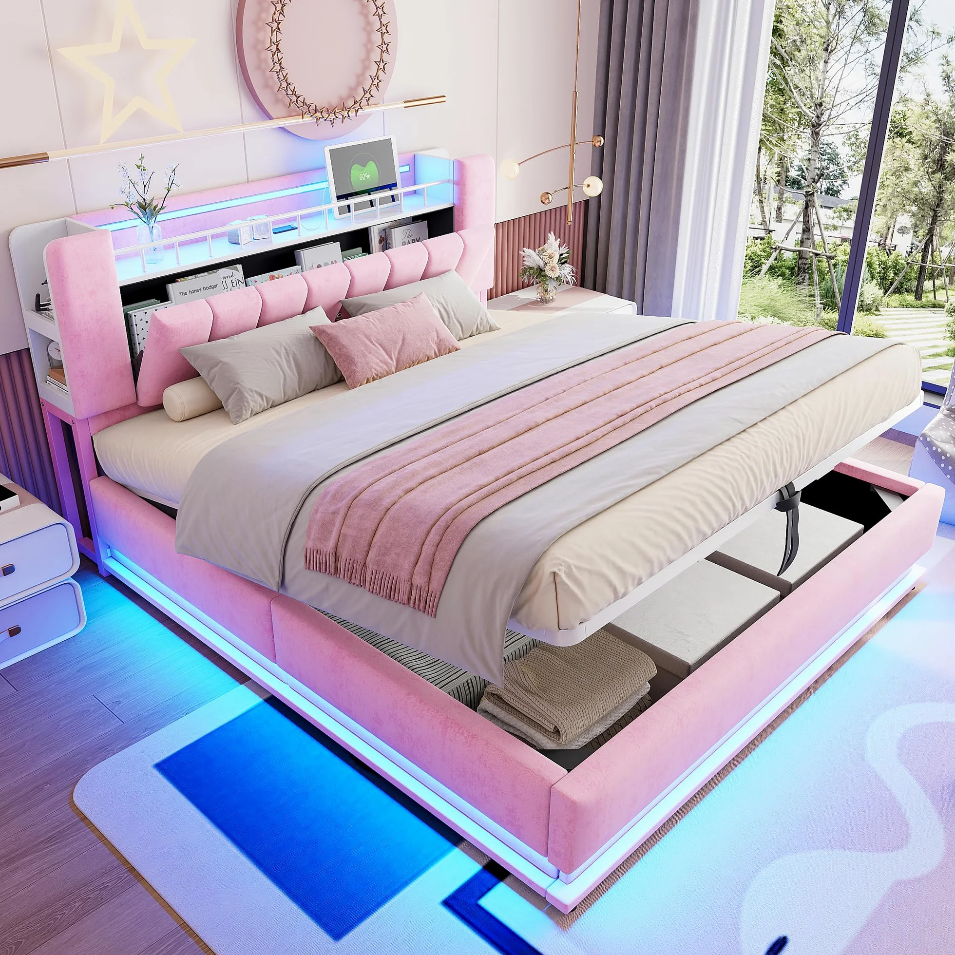 Kebnor Cama tapizada inteligente con iluminación LED, USB y almacenamiento hidráulico, funda de terciopelo suave y marco de metal (rosa, 180 x 200 cm)