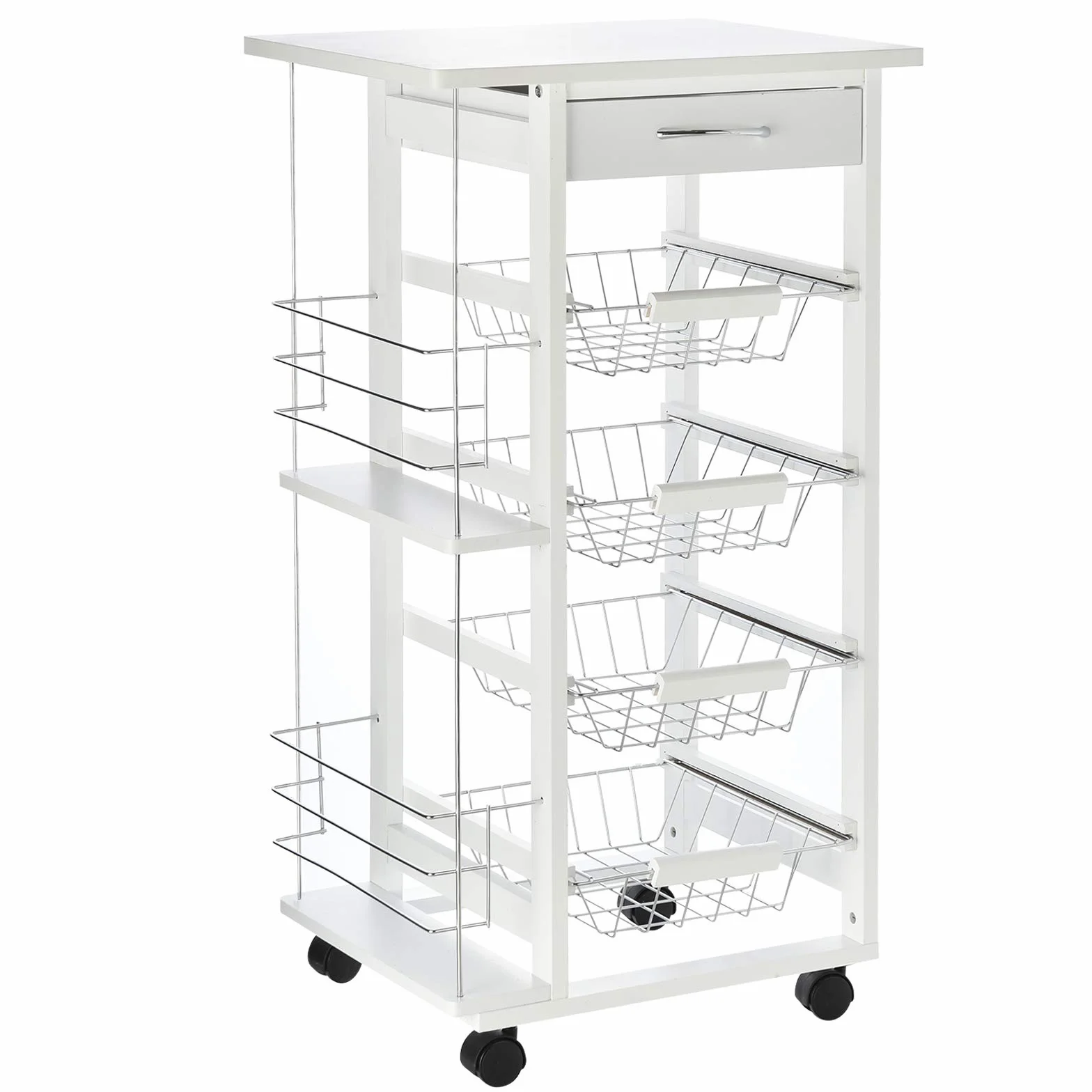 HOMCOM Carrito de Cocina con Ruedas Carro Multiusos con Cajón 4 Cestas Extraíbles de Metal y Bastidores Laterales 47x37x83 cm Blanco
