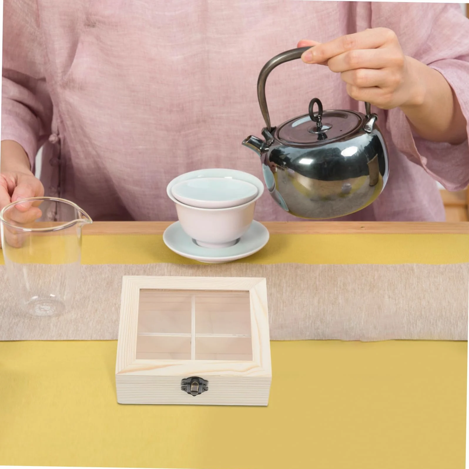 SHOWERORO Caja Organizadora Madera con Ventana Transparente y Cuatro Compartimentos Almacenamiento Multifuncional para Bolsitas Café para Cocina y Oficina