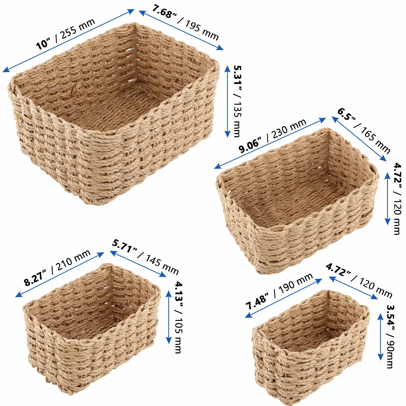 Juego de 4 cestas de almacenamiento trenzadas beige para maquillaje dormitorio oficina salón