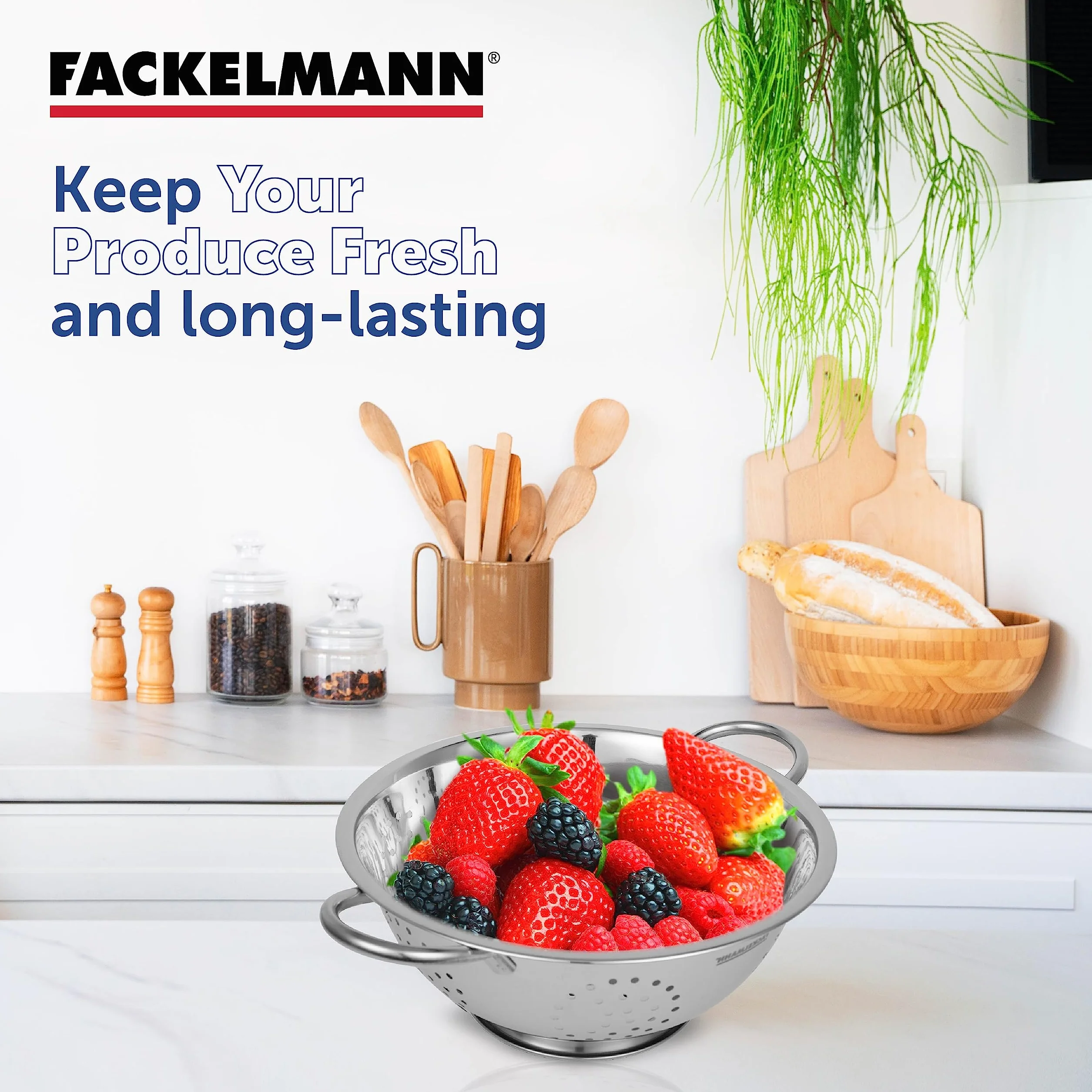 Fackelmann Colador de Cocina y Escurridor en Acero Inoxidable, Colador con Asas y Peana Estable, Idóneo para Escurrir Ensalada, Pasta, Arroz, Legumbres y Verduras, 24cm, 1 ud.