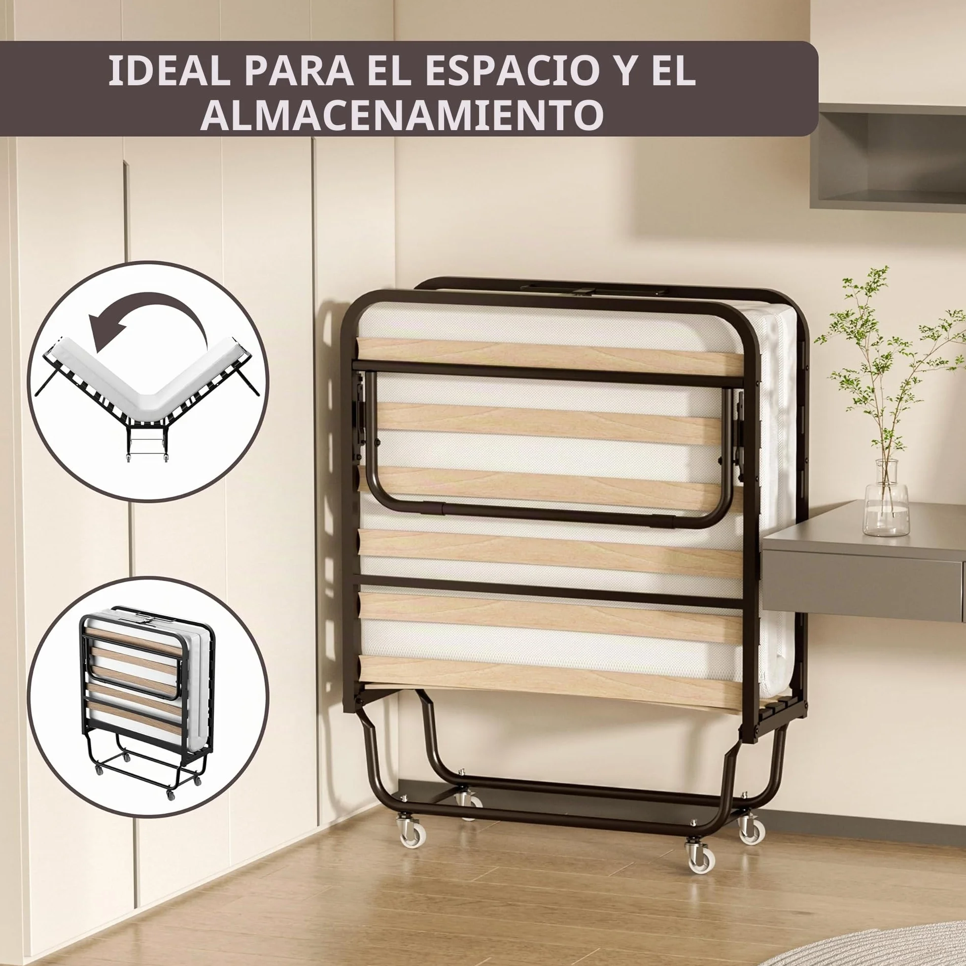 DEWINNER Cama Plegable 90x190 | Cama para 1 Persona con Colchón de 10 cm | Somier Individual de Listones de Madera de 90 x 190 | Camas Ahorra Espacio con Ruedas | Cama con Colchon Plegable