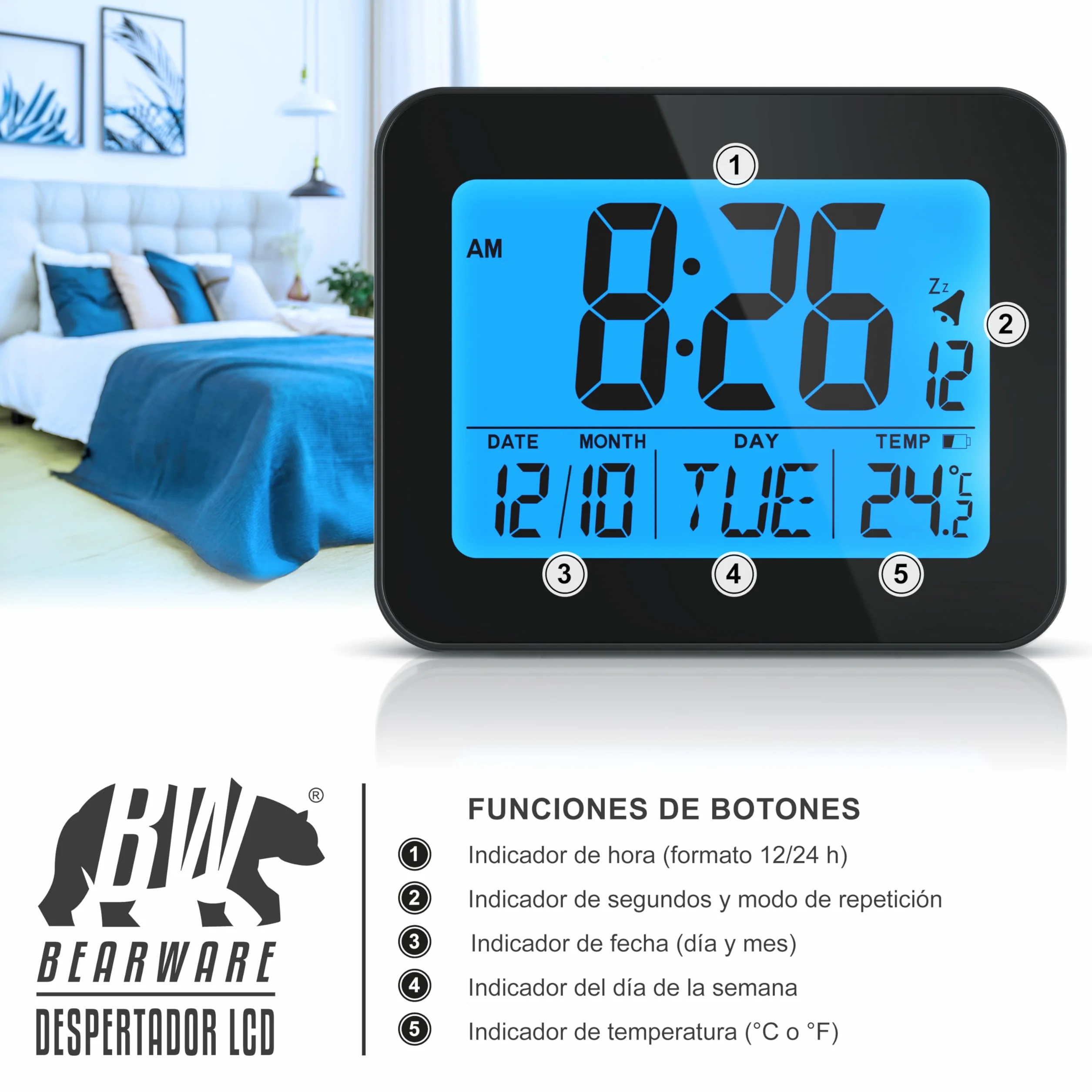 Reloj Despertador Digital con 9cm Pantalla LED de Temperatura Fecha y día, Alarm Cloc Snooze Termómetro Formato 12/24 Horas, Reloj Digital de Mesa de Viaje para Sala de Oficinas Familiares