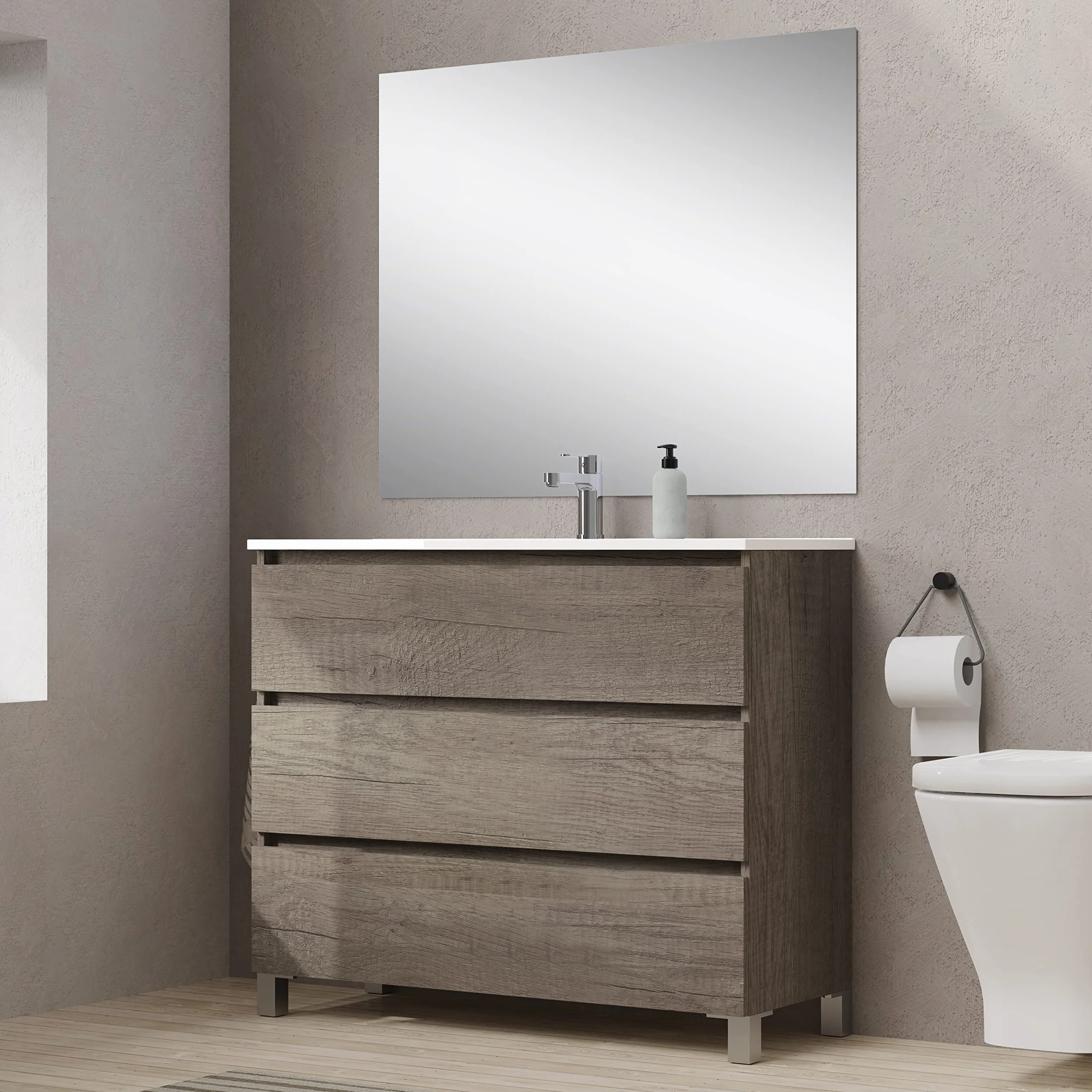 Baikal, Conjunto de baño Natura. Mueble de Baño de Fondo Reducido, con Lavabo cerámico. Distribución Tres Cajones. Mueble MONTADO. Tres Cajones con Espejo. Fondo 39cm 90 cm Nebraska