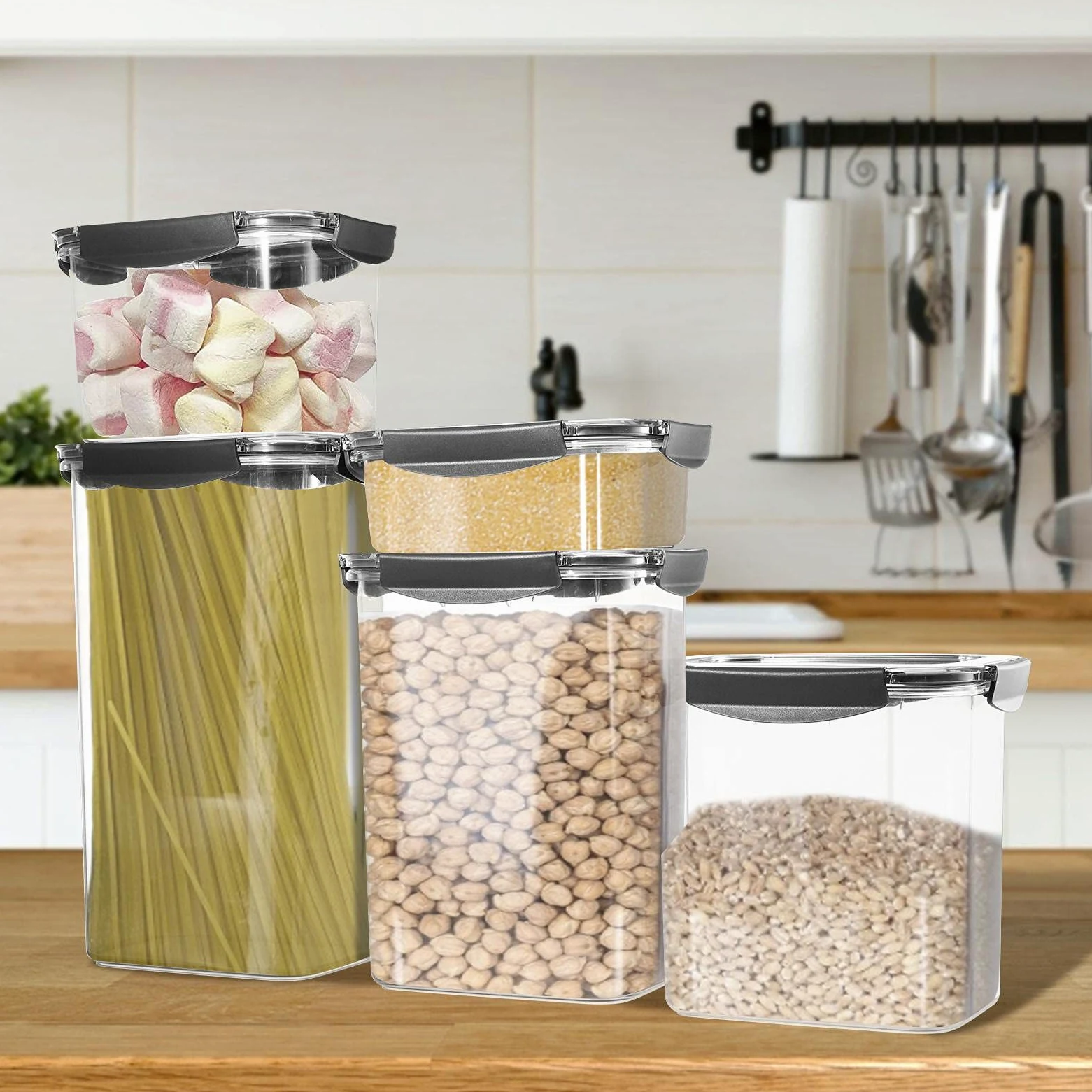Botes Cocina Almacenaje Plastico, Juego De 5 Botes De | Almacenamiento Cocina con Tapa, Sin BPA Contenedores Herméticos 0,98/1,9/3/4/5 L