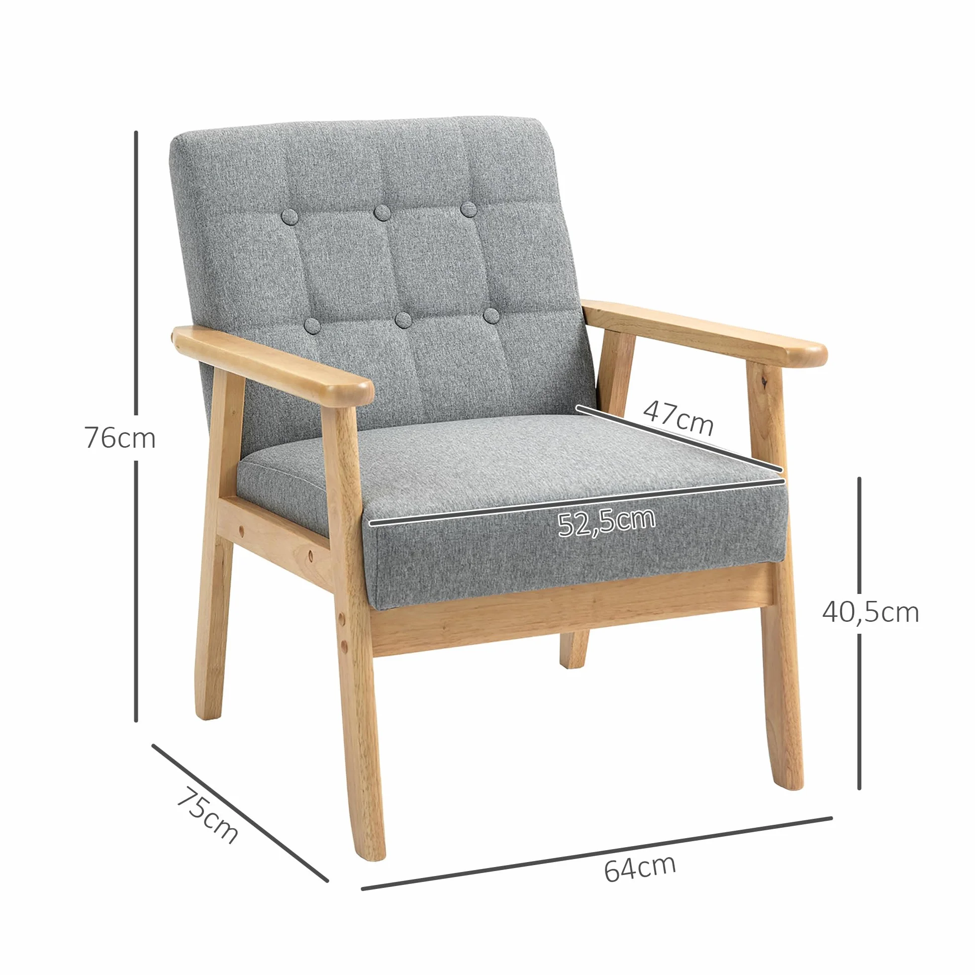 HOMCOM Sillón Individual Sofá Individual Tapizado en Lino con Reposabrazos de Madera Respaldo Acolchado Carga 130 kg Sillón para Salón Dormitorio Gris Claro