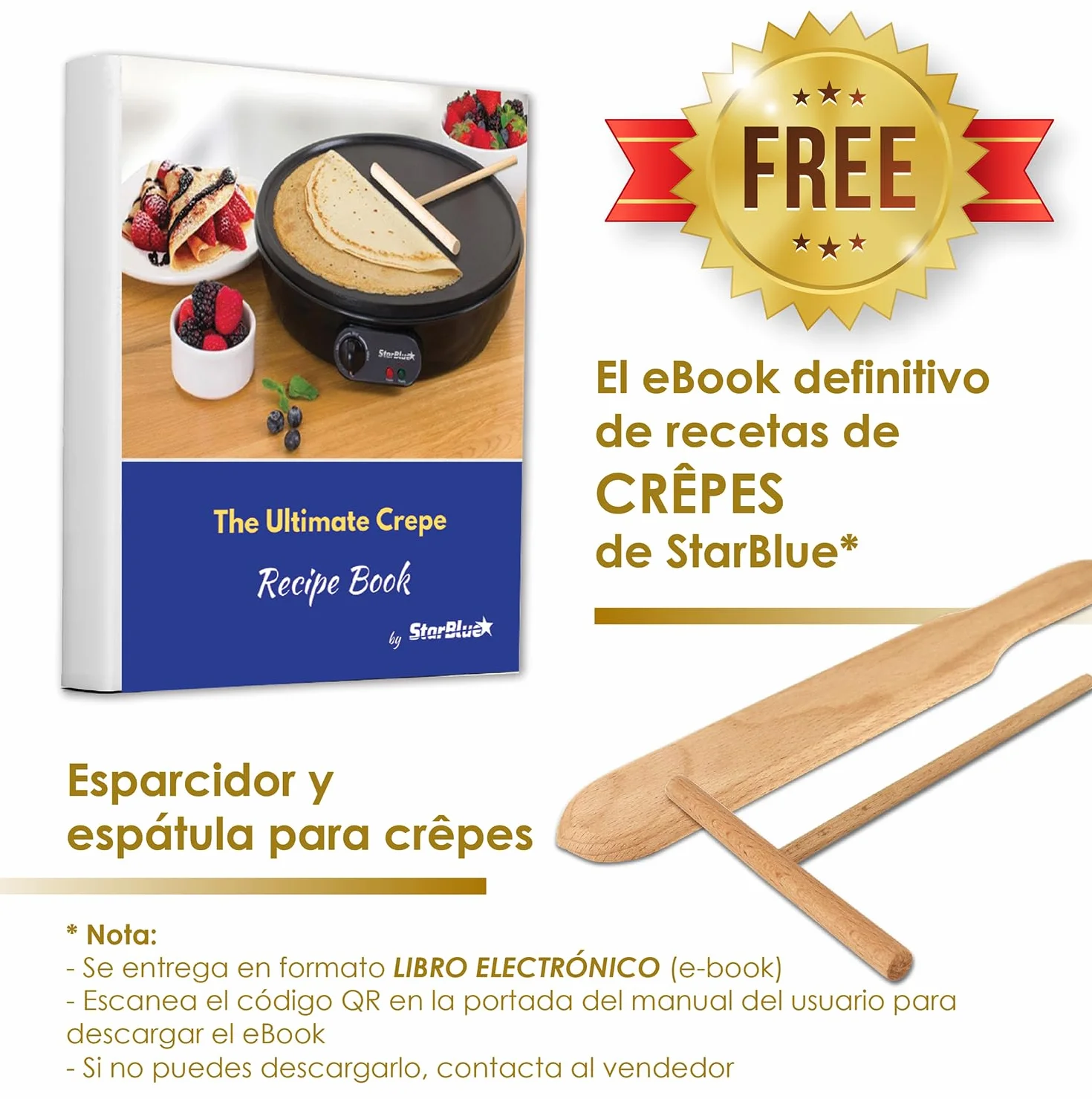 StarBlue Máquina Eléctrica Para Hacer Crepes Y Tortitas De 30,5 Cm, Con Libro Electrónico De Recetas Y Espátula De Madera, Ca 220-240 V, 50/60 Hz Y 1000 W, Enchufe Del Reino Unido Y Adaptador Europeo