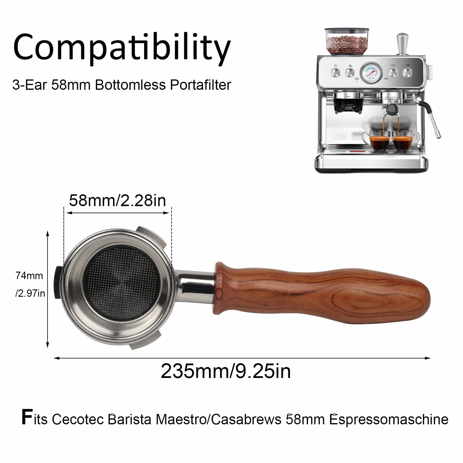 Portafiltro sin fondo de 58 mm, 3 orejas para cafetera espresso Cecotec Barista Maestro/Casabrews Ultra de 58 mm, con tres orejas de 4,9 mm de grosor