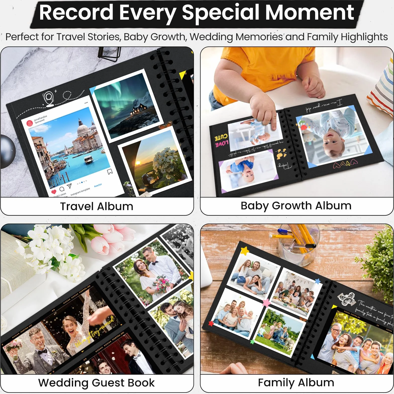 DazSpirit Album Fotos para Pegar y Escribir, 6-pulgadas Album Scrapbook de Recortes de Tapa Dura Cuadrado con 5 Pegatinas, Albunes para Fotos DIY para Bodas, Bebés y Aniversarios, 40 páginas, Negro