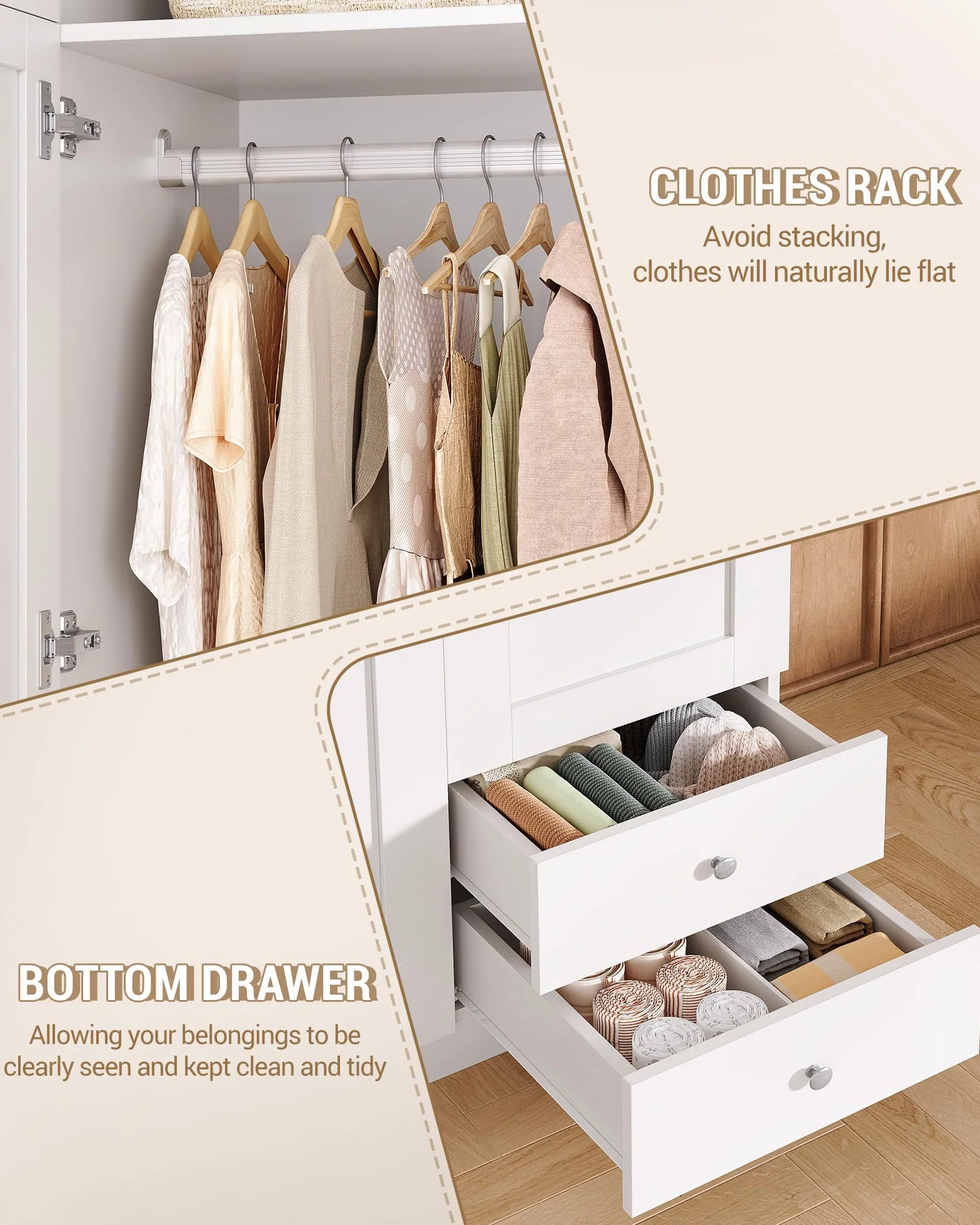 Hzuaneri Armario de 4 Puertas, 45×80×180 cm, Armarios Dormitorio con 2 Cajones y Perchas, 2 Estantes y Ganchos en Los Laterales de Las Puertas, Estilo Moderno y Minimalista, Blanco BW08003E