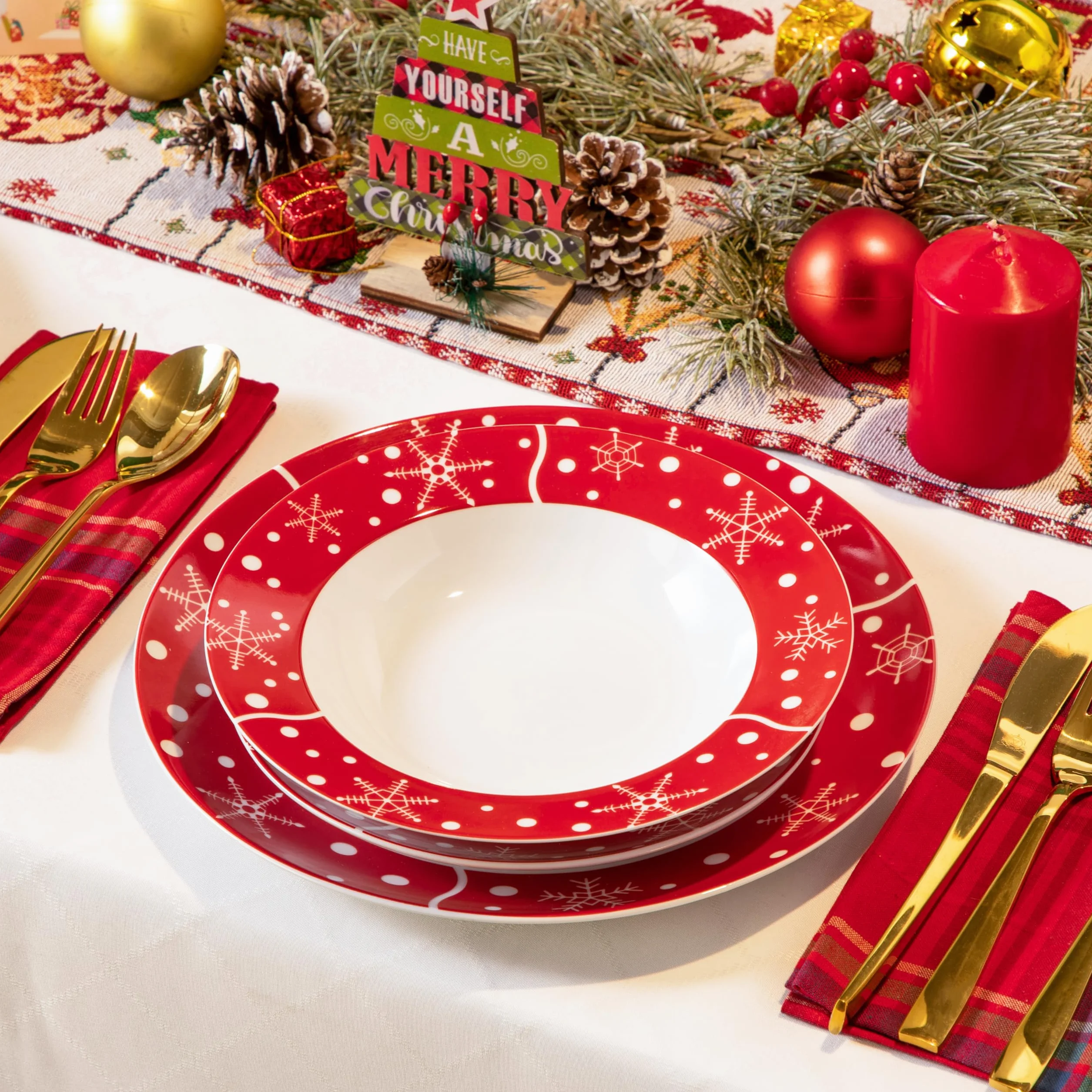 VEWEET, Vajilla de Navidad de 18 Piezas para 6 Personas en Porcelana, con Platos Llanos, de Postre y Hondos, Decoración Navideña Roja con Motivo de Papá Noel, Serie SANTACLAUS