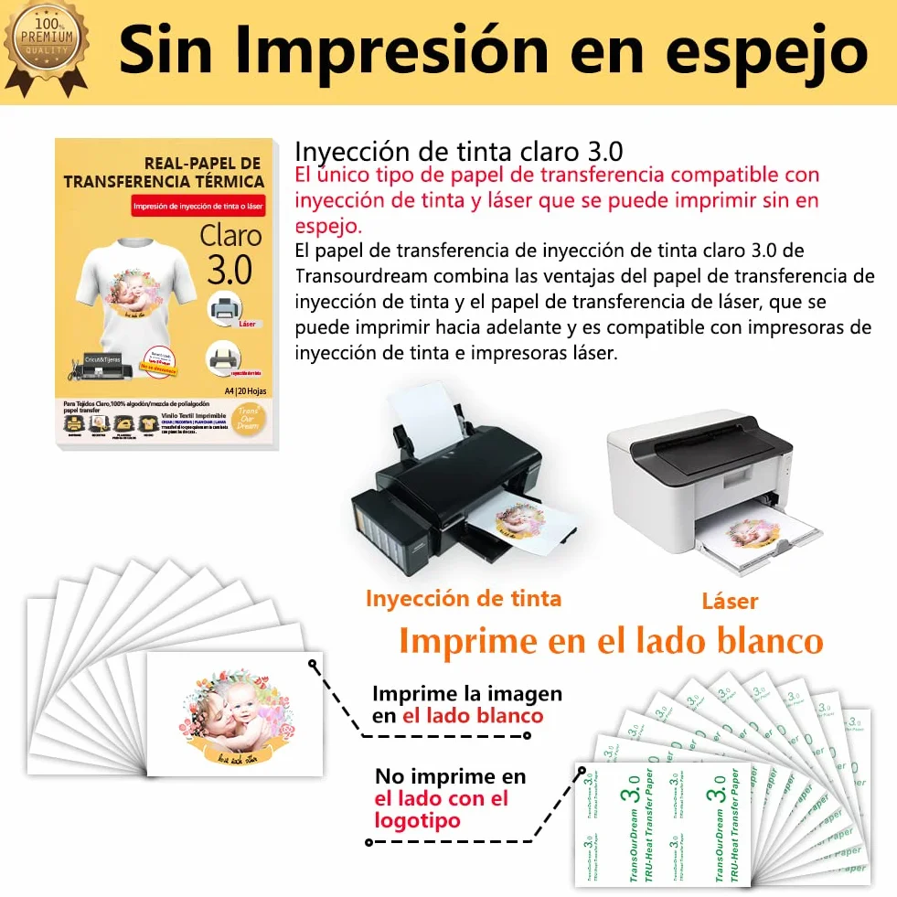 TransOurDream-Papel de Transferencia Para Tejido Claro,Nueva versión mejorada 3.0(A4X10 Hojas),Papel Transfer Apto Tinta o Láser, vinilo HTV,Transfer paper Perfecto para Fiesta.ES-03-10