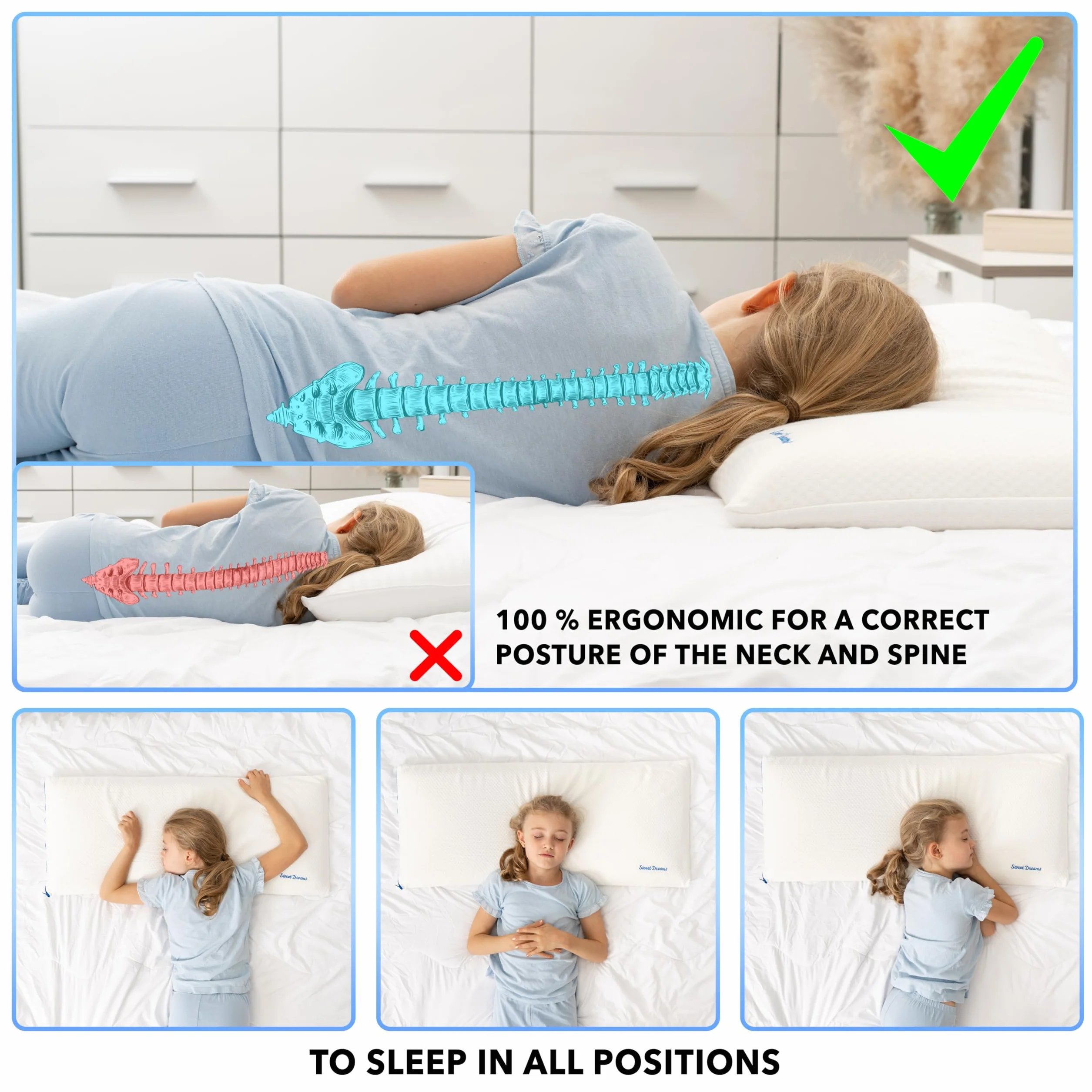Almohada Infantil Viscoelástica 90 x 35 x 6,5 cm Ergonómica e Hipoalergénica Hecha en España Almohada Plana para Niños a Partir de 3 Años con Funda Stretch con Viscosa