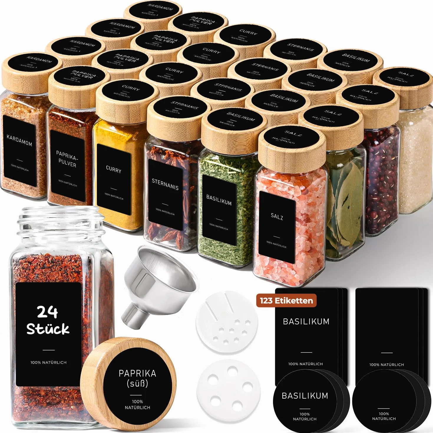 ComSaf botes especias de cristal 120 ml set de 24 con etiquetas legibles, botes especias cristal para familias y amantes de la cocina, aptos para cajones y armarios de cocina