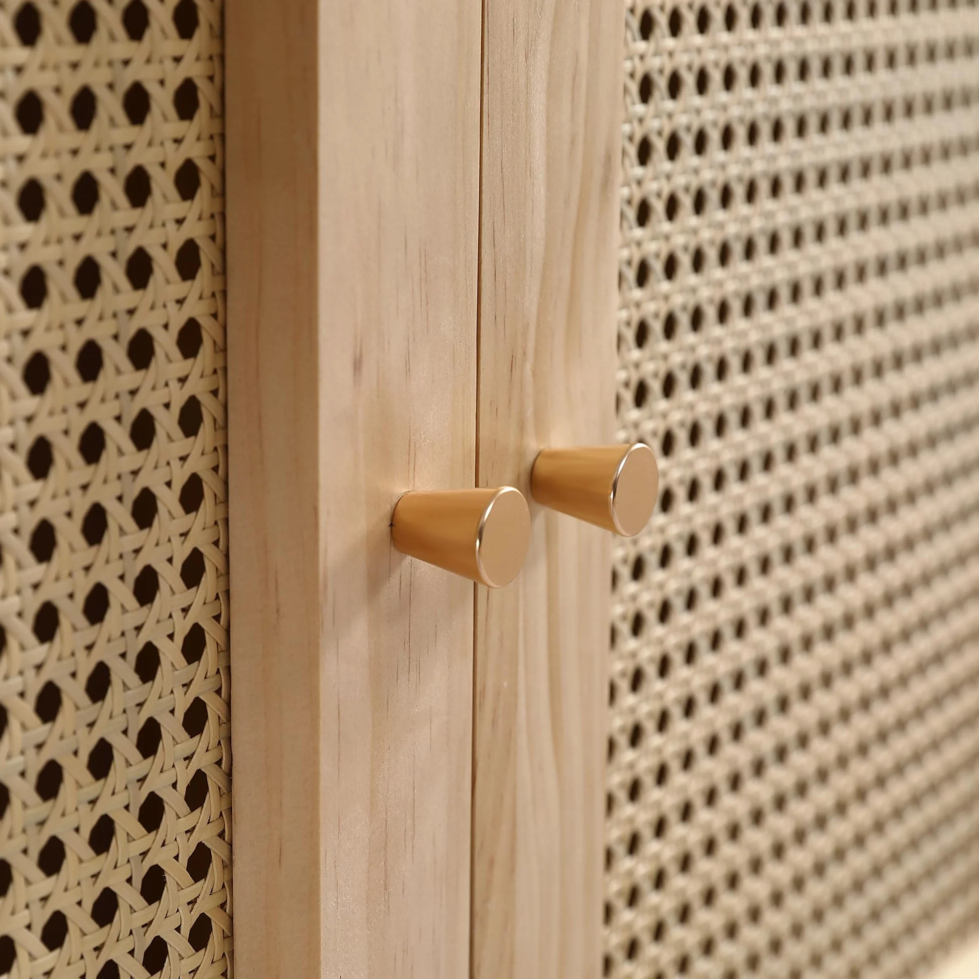 Idemon Armario con barra, armario de 2 puertas, dormitorio, red de ratán, sala de estar, con tapa inferior abatible, tableros de partículas+ratán de polietileno, natural