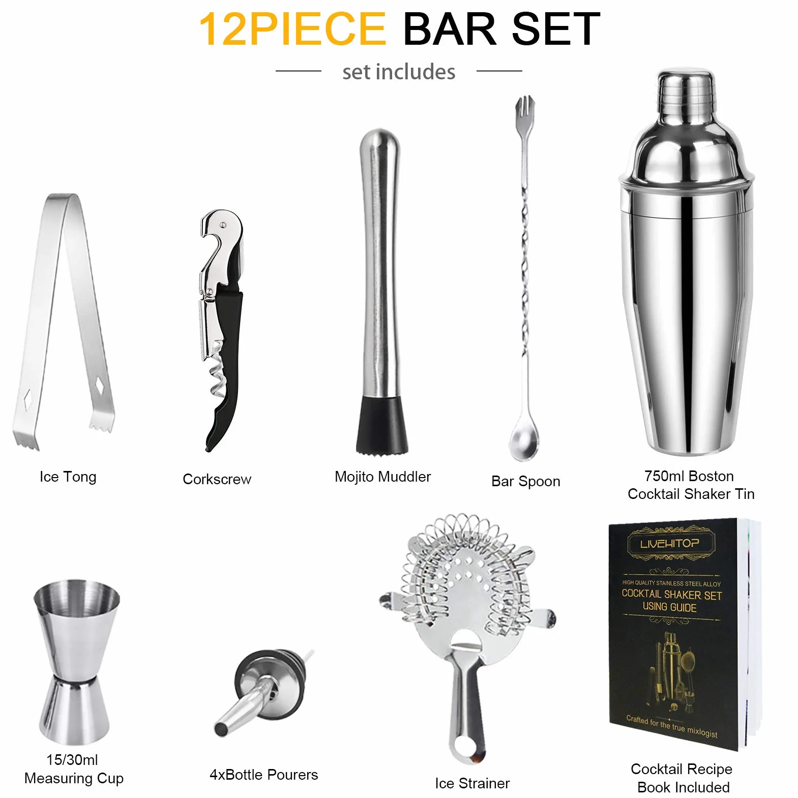 LIVEHITOP Juego Coctelera, 12 Piezas Juego Preparación Cócteles con Coctelera 750 ml, Equipo Barman Profesional para Bar, Fiesta, Hogar