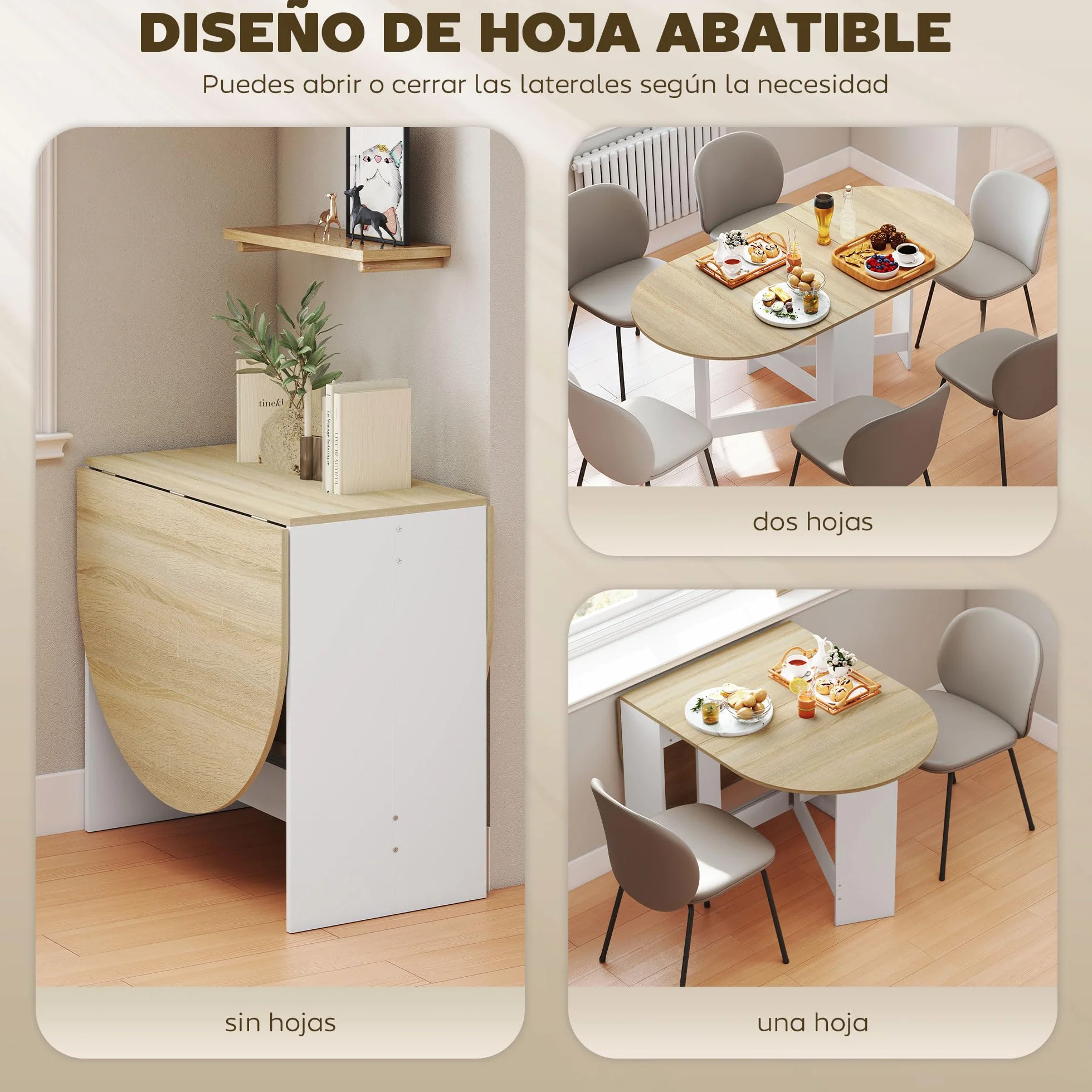 HOMCOM Mesa Plegable de Comedor, Mesa de Cocina Plegable Ovalada, 163x80x75 cm con Alas Abatibles, hasta 6 Personas, para Comedor, Salón, Espacio Pequeño, Natural