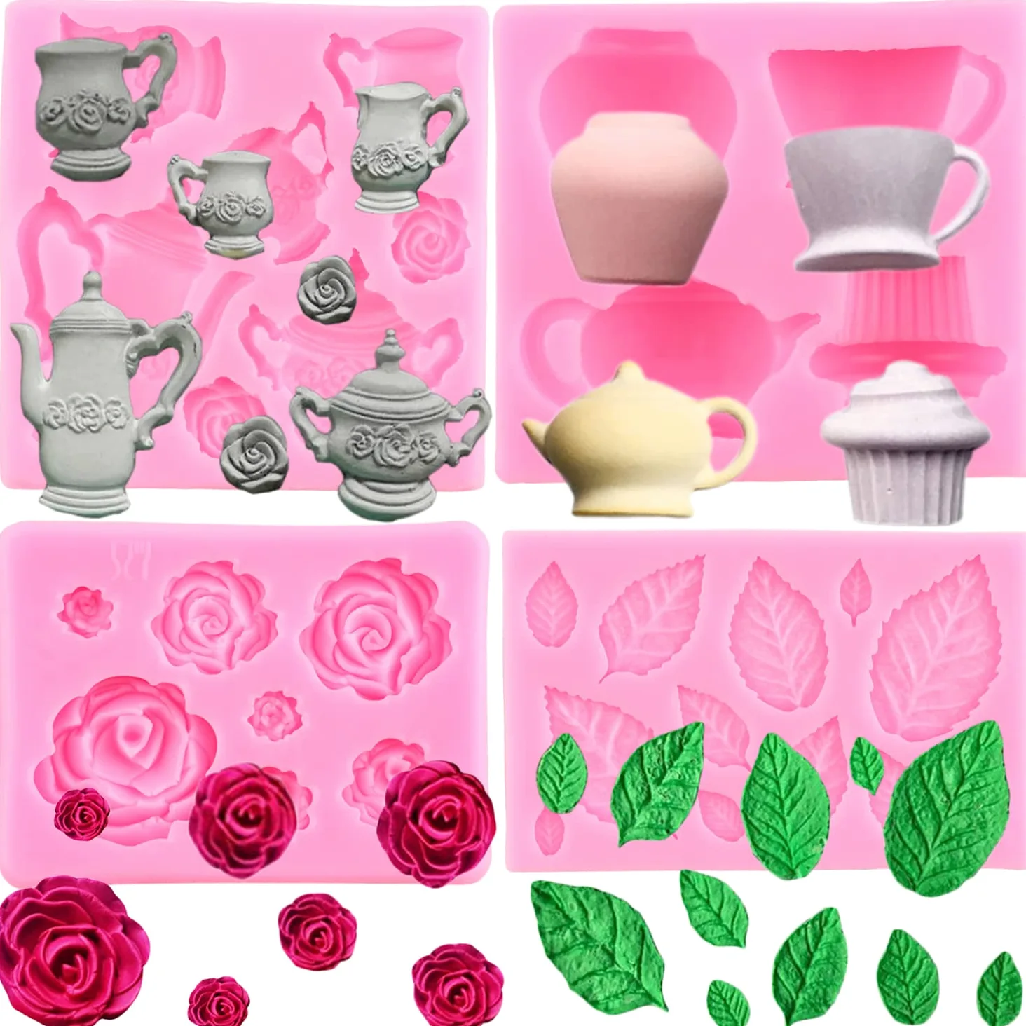 Mujiang Juego de 4 moldes de silicona para fondant, diseño de rosas, flores, chocolate, hojas de caramelo, para decoración de pasteles, pasta de goma de azúcar, juego de 4