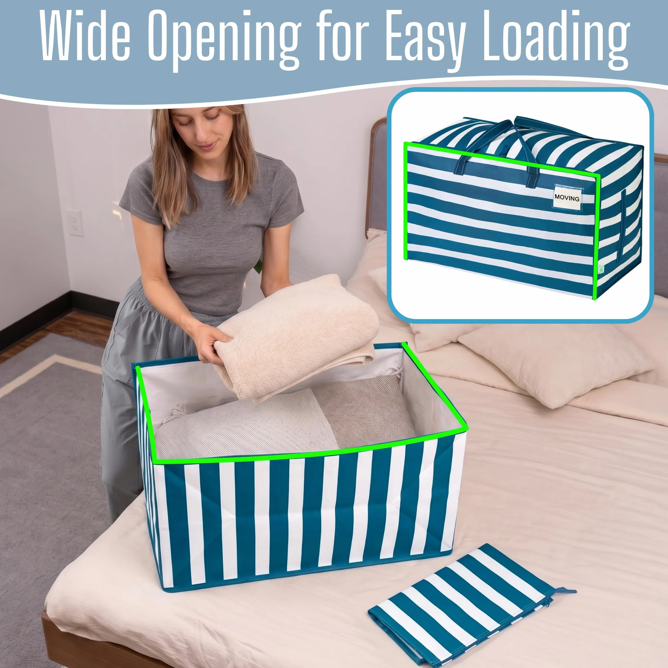 VENO Pack de 4 Bolsa Organizadora Gruesa de Gran Tamaño con Asas Fuertes y Cremalleras para Viajes, Transporte,Universitario, Mudanza, Camping, Embalaje,(Raya Azul Marino, Pack de 4)