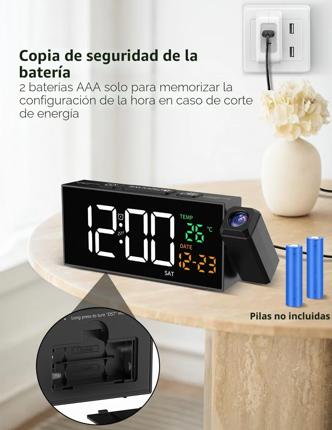 Despertador digital con función de proyección, Reloj despertador con proyector de 350°, termómetro, fecha, pantalla grande, 10 tonos de llamada, Snooze, DST manual, Reloj despertador para dormitorio
