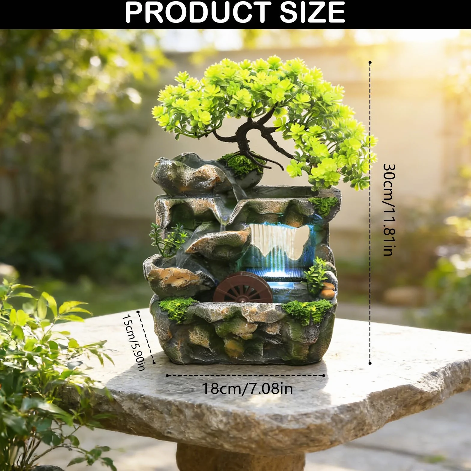 Fuente Agua Decorativa, Fuente de Interior con Iluminación LED Fuente de Mesa de Resina Cascada de Meditación Zen con Rueda Feng Shui Bomba Silenciosa Decoración de Mesa para Escritorio