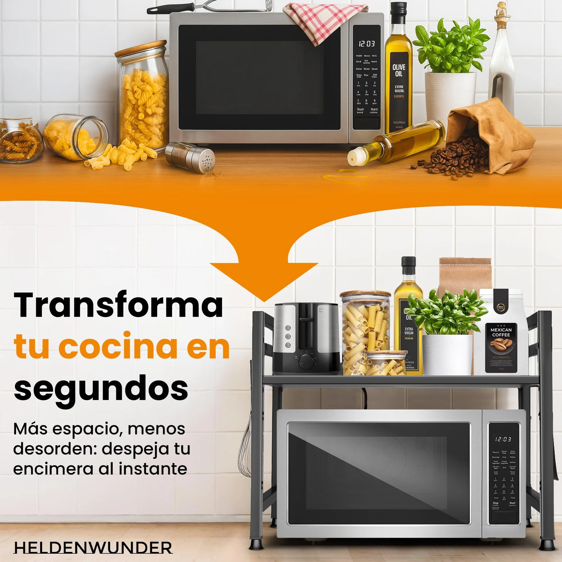 Heldenwunder Estantería Microondas Estantes Cocina Acero (2 Niveles) | Mueble Microondas Horno Estanterias Almacenaje Organizador Estante Panadería Ajustable + Instrucciones en Vídeo, Ganchos – Negro