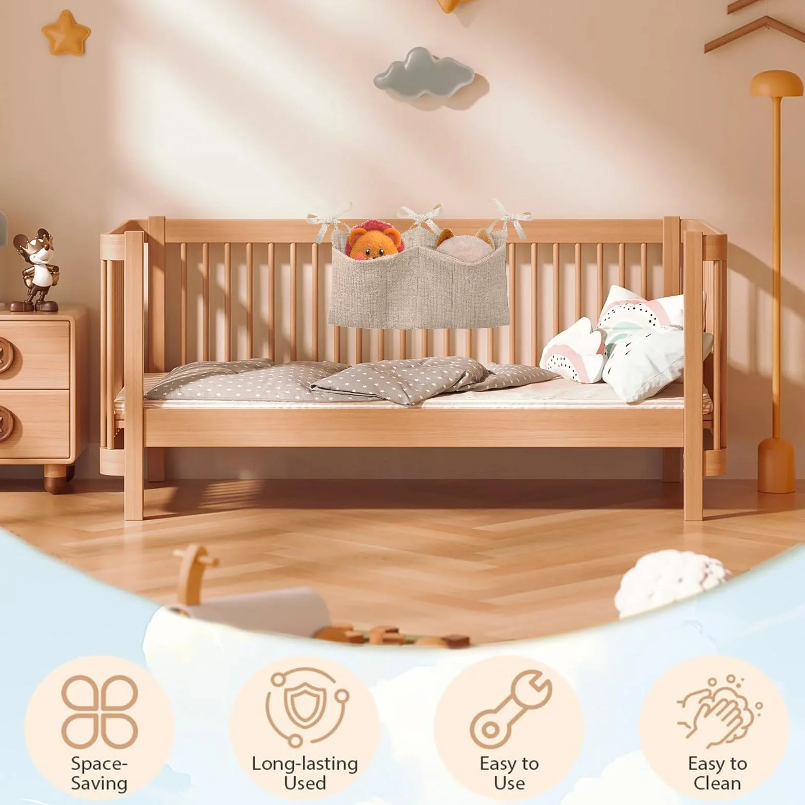 Organizador Colgante para Cama de Bebé, Bolso con Dos Bolsillos Grandes para Pañales y Juguetes, Caqui