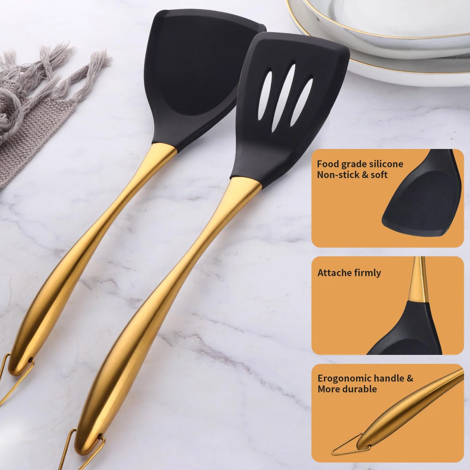 TEHAHA - Paquete de 2 espátulas de silicona, espátula de silicona de grado alimenticio y ranurada, espátula de silicona resistente al calor con mango de acero inoxidable, utensilios de cocina