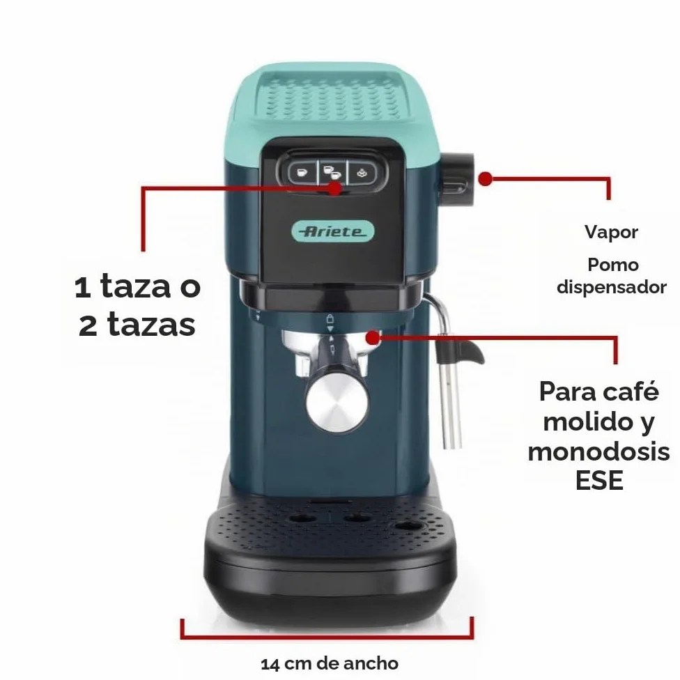 Ariete 1399 Máquina de café espresso, para polvo y almohadillas ESE, 1300 W, capacidad de 1,1 l, presión de 15 bar, filtro 1, 2 tazas y almohadillas ESE, capuchino