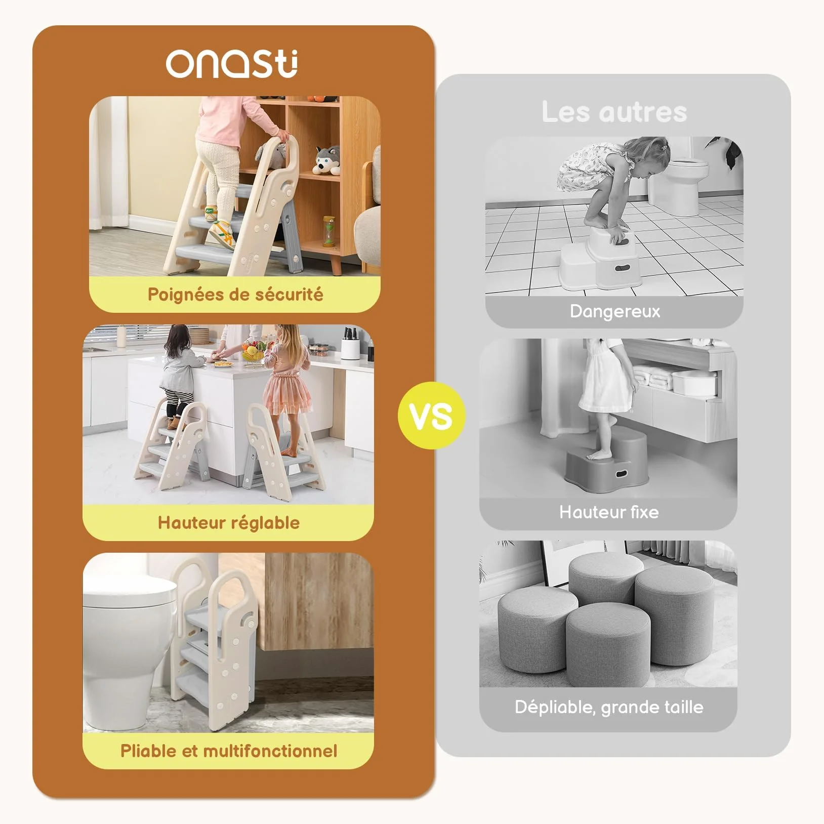 Onasti Taburete Plegable Infantil 3 Peldaños, Asiento Entrenamiento Inodoro Ajustable Antideslizante Gris