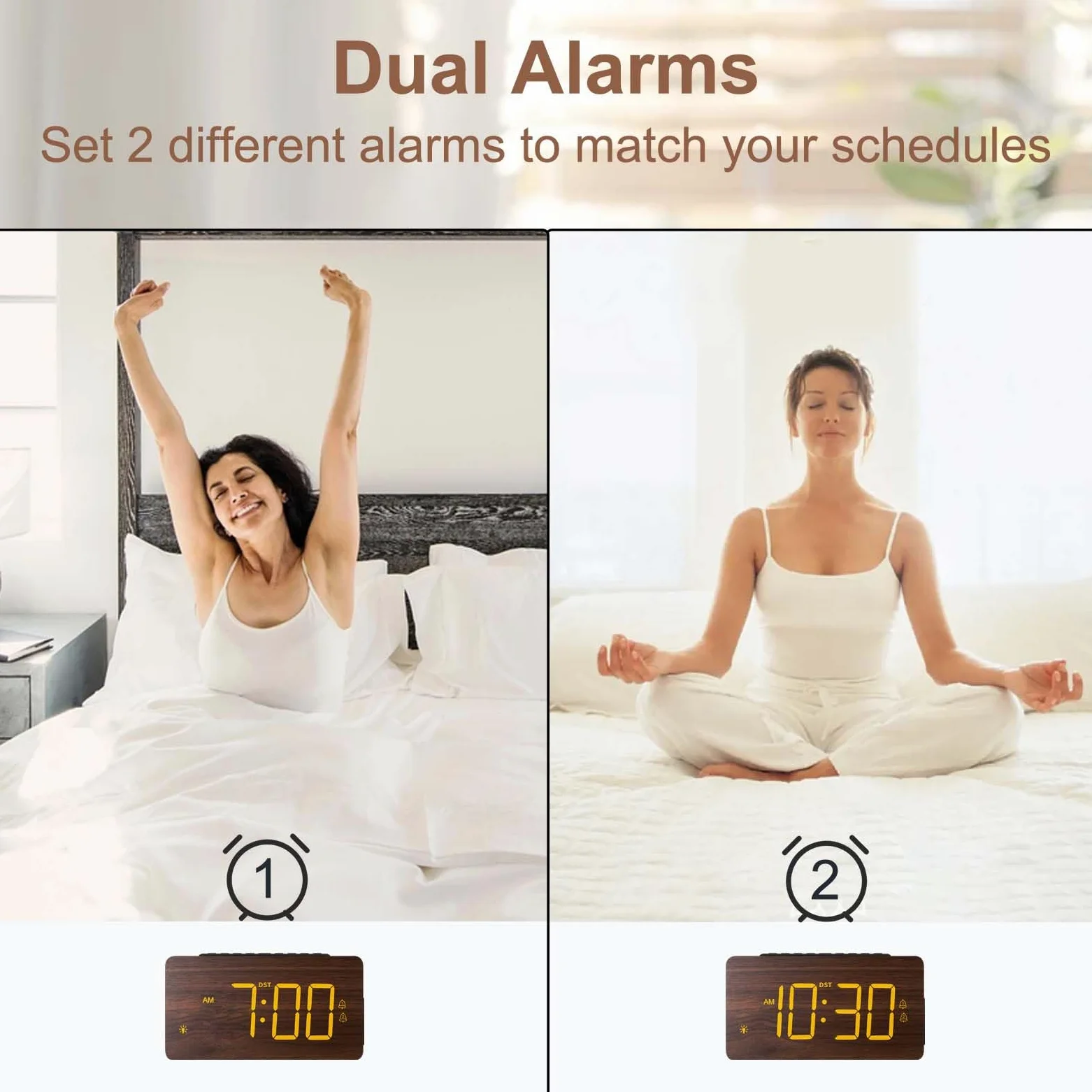 Reloj despertador digital de madera para dormitorios, alarma extra fuerte para personas que duermen mucho, volumen y brillo ajustables, DST, doble uso como reloj de escritorio/pared, elegante