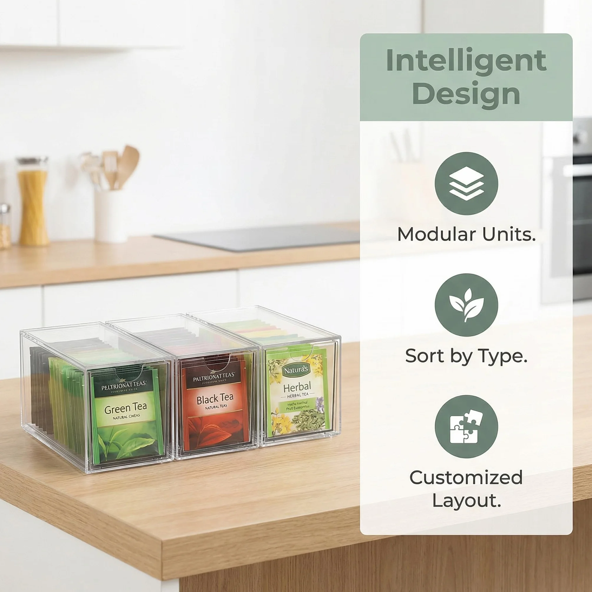 Organizadores de Bolsas de Té, Caja Té con 3 Cajones de Plástico Caja Infusiones Organizador Infusiones de Acrílico Transparente Caja de Te Infusiones para Bolsas de Té, Cápsulas de Café