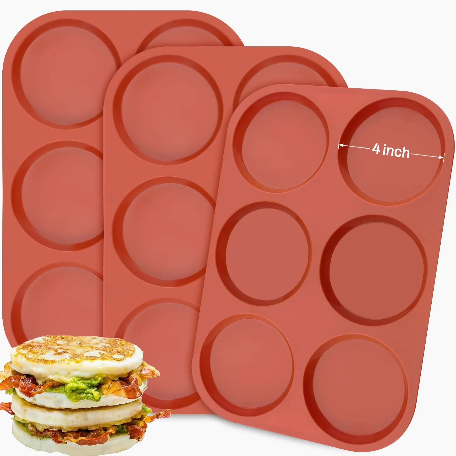 Ocmoiy Moldes de silicona para hornear magdalenas/huevos antiadherentes de 4 pulgadas, molde redondo de silicona para hamburguesas, magdalenas, huevos, 6 cavidades, paquete de 3