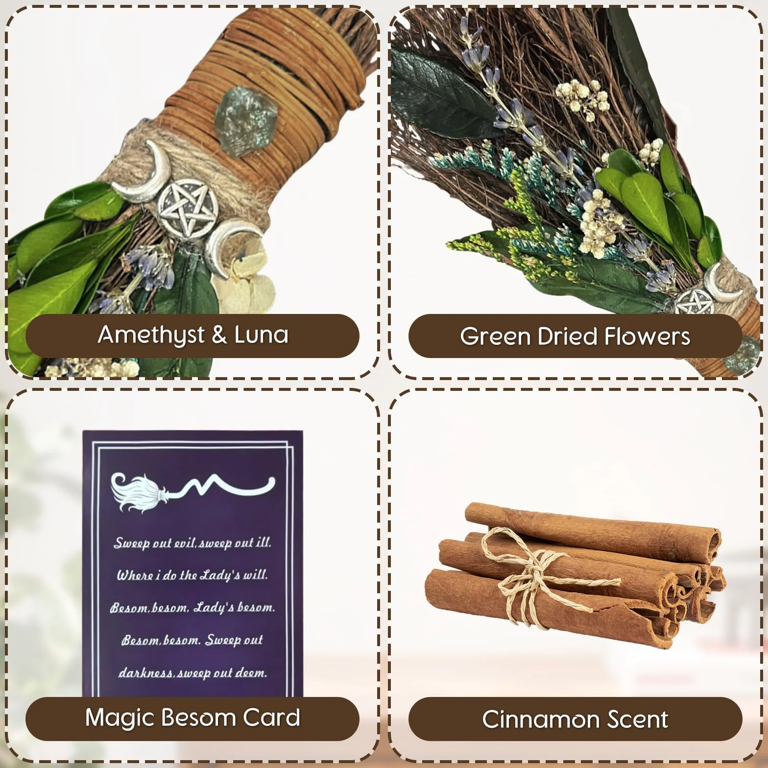 19cm de Escoba de Canela, Mini Escoba Decorativa para Fiesta Temática con Flores Secas Verdes Escobas de Bruja Retablos Wicca Cristal Mágico Natural, Accesorio para Ceremonias Mágicas