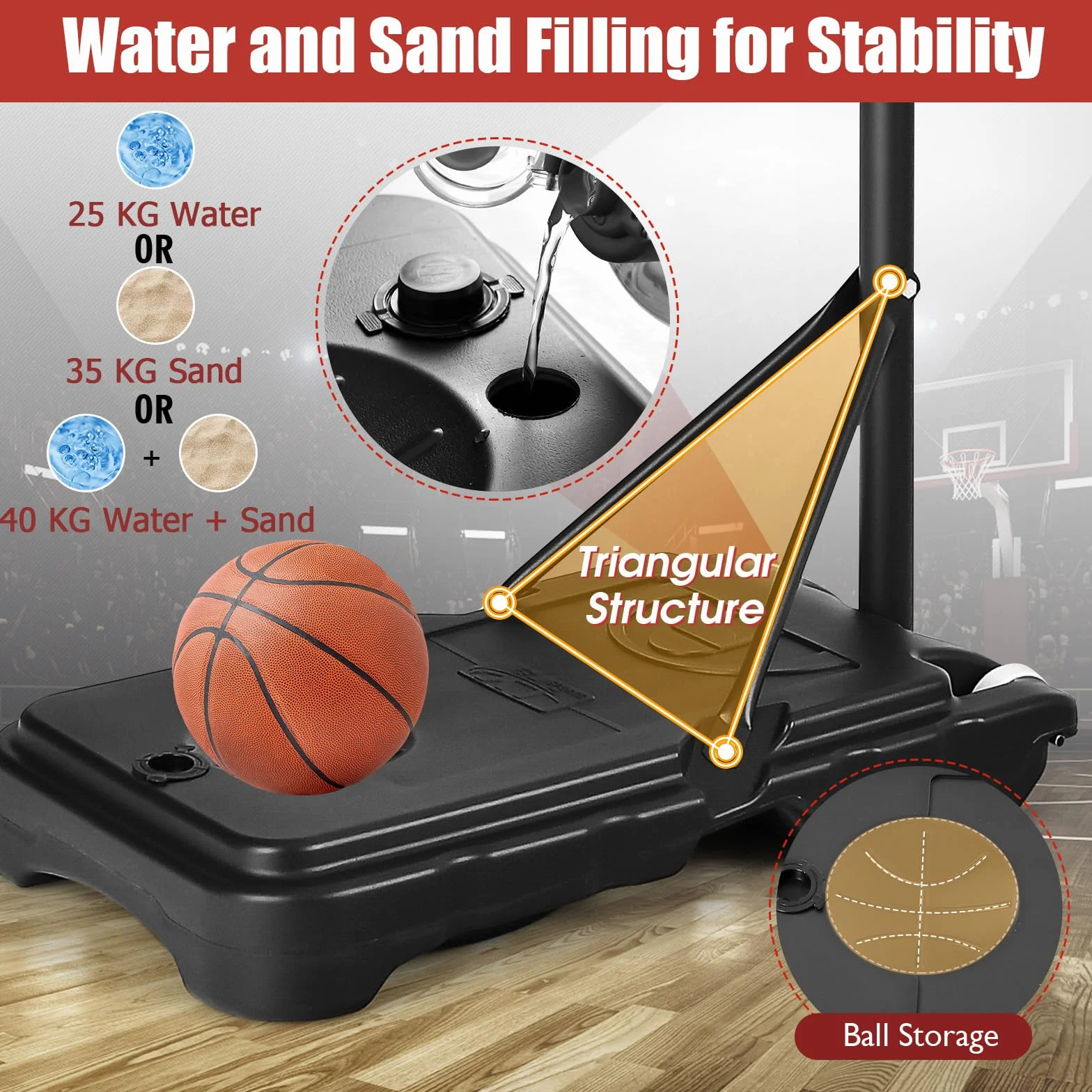 Canasta de Baloncesto de Pie con Altura Ajustable, Base Rellenable de Agua y Arena, Ruedas, para Adolescentes y Adultos