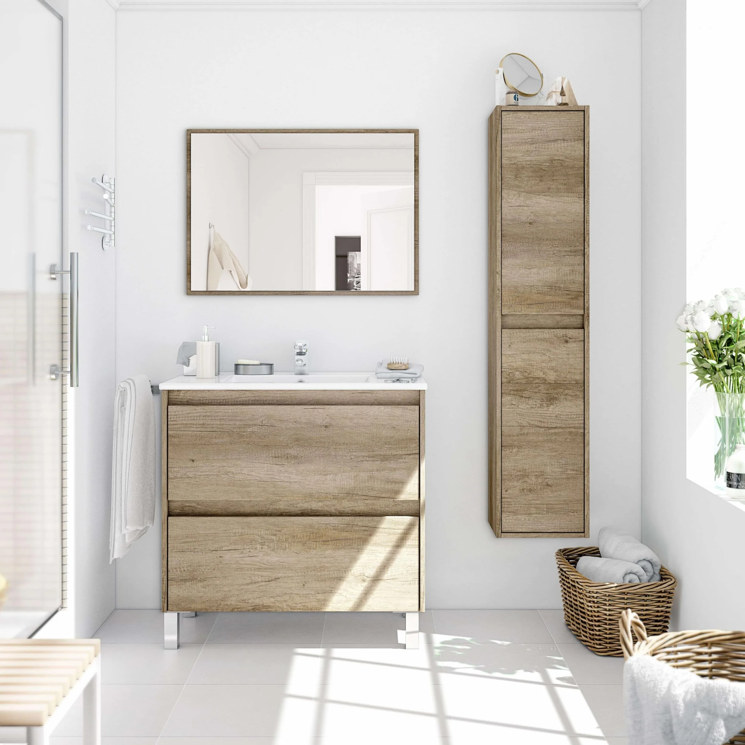 Mueble Lavabo CERÁMICO con 2 CAJONES + Espejo + Columna 2 Puertas