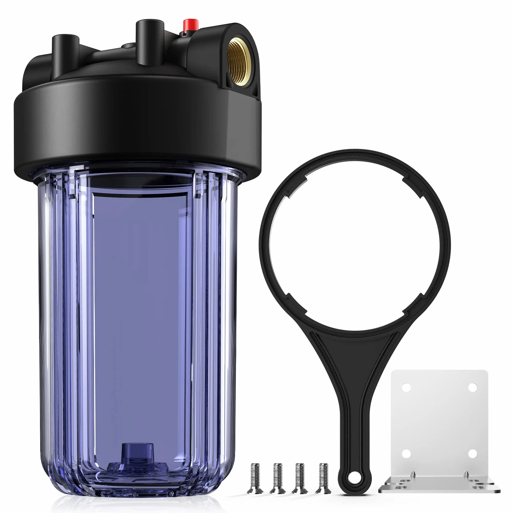SimPure DB10C Filtro de Agua de 10"x4,5", Sistema de Filtración de Agua para Toda la Casa con Soporte & Llave, Entrada/salida de 1“ BSP Puerto de Latón