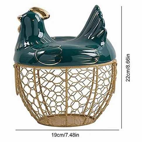 Cesta de almacenamiento de huevos, cesta de alambre de metal con tapa en forma de gallina, soporte de cerámica para 30 huevos
