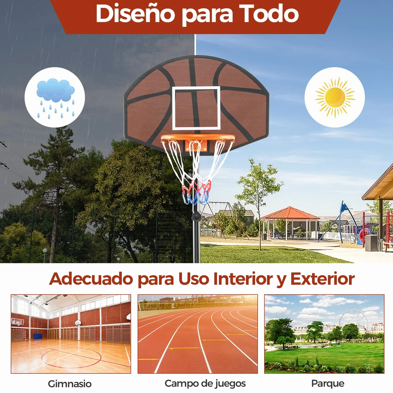 COSTWAY Canasta Baloncesto Exterior Altura Ajustable 3 Niveles 1,72 a 2m Móvil Ruedas Aro Niños Adultos